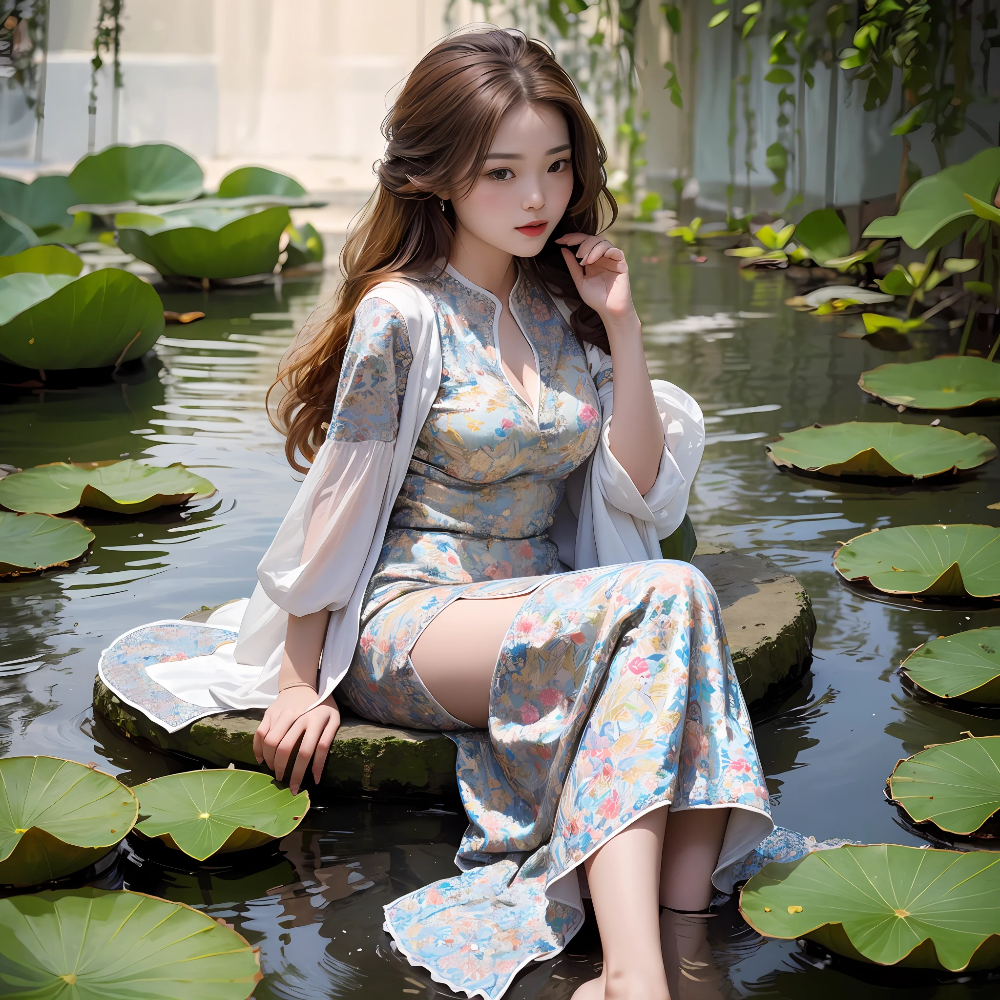 Sitting by a lake full of lotus flowers, her feet playing in the water, the art depicts a charming woman with a melon face, dressed in a flowing, silky traditional oriental dress, long, aqua blue, decorated with intricate patterns and bright colors. Her dress drapes elegantly over her curvy figure, accentuating her seductive silhouette. She sits gracefully by the tranquil lotus lake, her feet playing in the water, bathed in the soft glow of the moonlight. The scene exudes an ethereal and dreamy atmosphere, with a touch of mystery and sexiness. The graphic style blends watercolor and digital illustration techniques to evoke a refined beauty and charm. The lights are filled with soft moonlight, casting soft highlights and shadows on her charming features. Bare thighs, big breasts, three-dimensional facial features, sitting, upturned legs, side braids