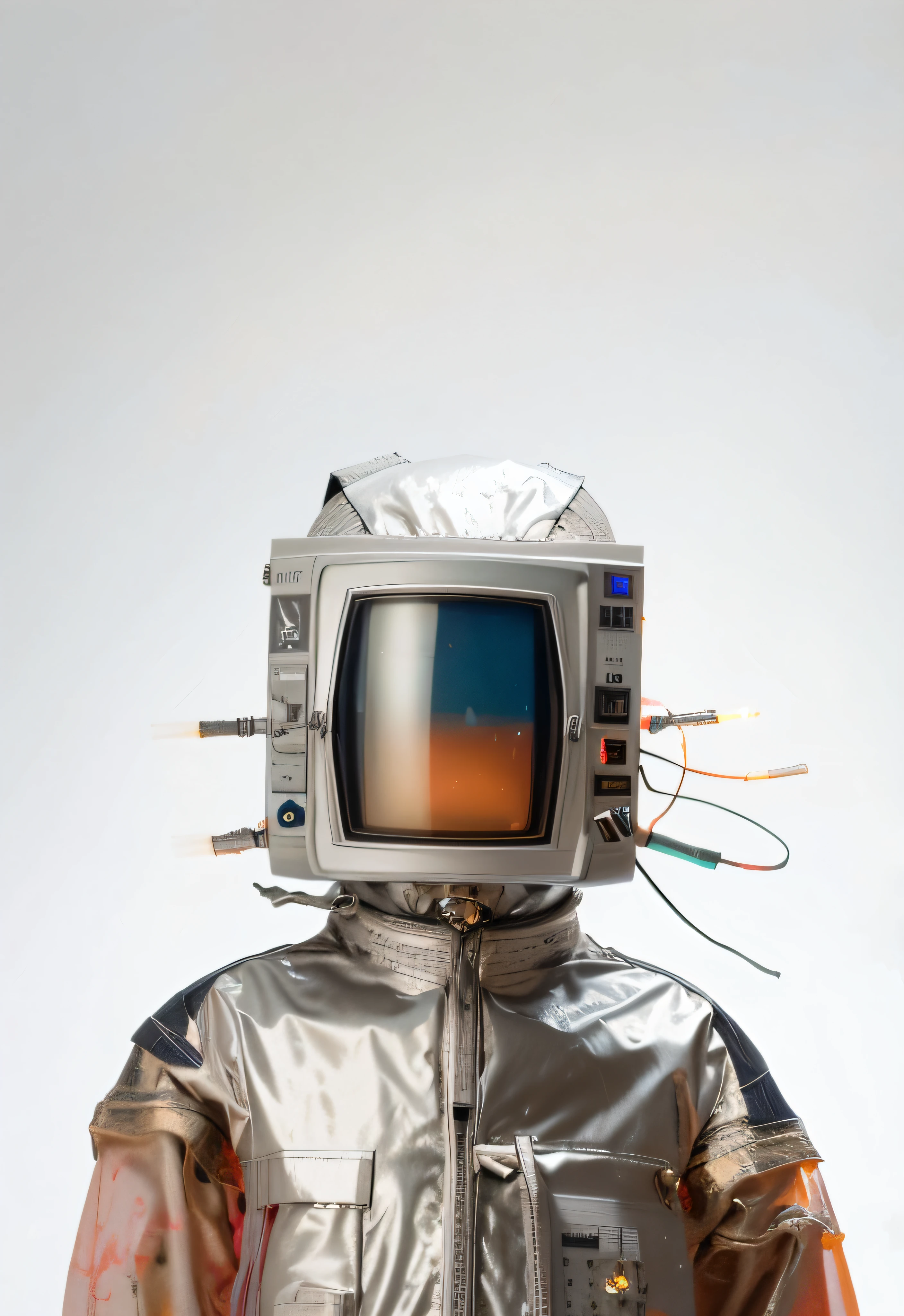 Wearing a silver suit,Arad man with a television on his head, TV head, High-tech space worship, silver space suit, man in silver space suit, Nam Joon Paik, tvp, tv still, portrait of an ai astronaut, space suit with a modern helmet, Spacesuit, dusty space suit, portrait of astronaut, space suit