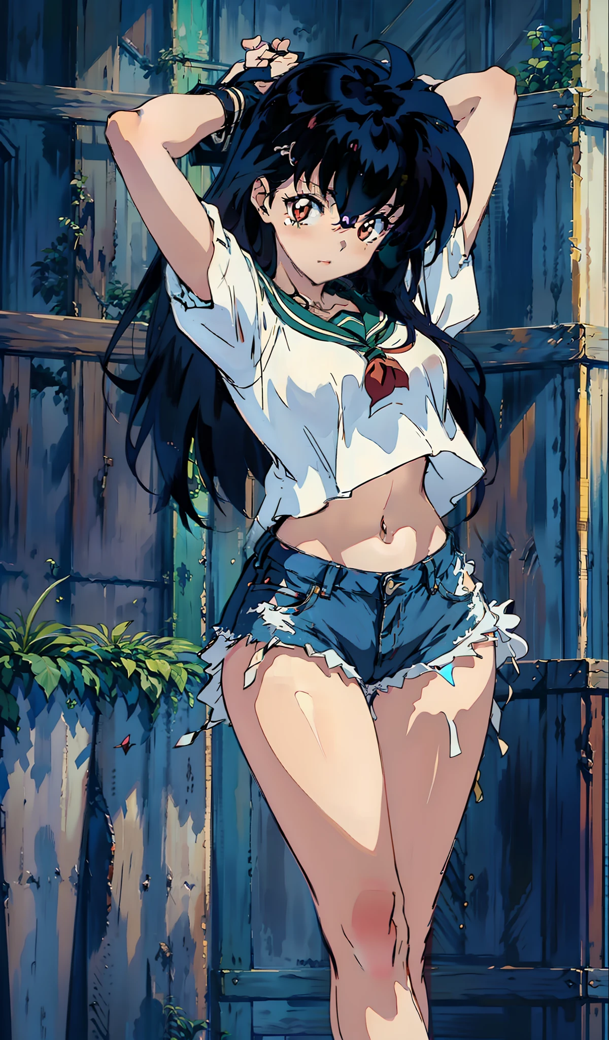 Kagome Higurashi, muito sensual, com roupas de funkeira, brasileira, na cidade do rio de janeiro, Brasil, dancing funk, rebolando, bunda grande, pernas grossas, usando um short jeans extremamente curto, showing a piece of ass, usando uma mini blusa, umbigo com pirsing, sneakers Nike, cabelo comprido, Speaker behind, corpo inteiro, muito realista, extremamente sexy, 8k, 8k extremamente detalhado), (um extremamente delicado e bonito), (obra-prima), (melhor qualidade: 1.0), (ultra highres:1.0)