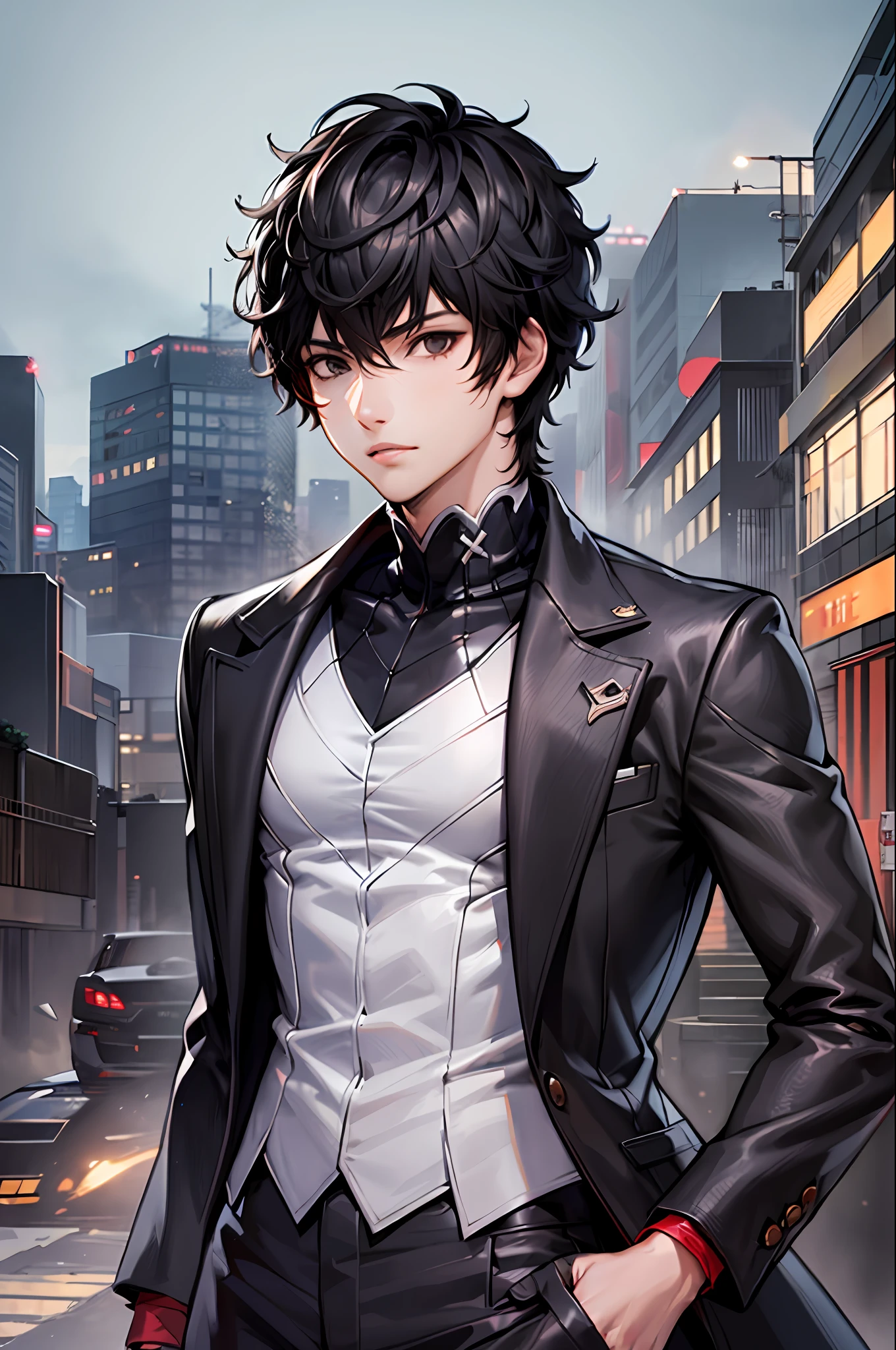 Masterpiece, Best Quality, 1boy, 独奏, male focus, Dshocker, black hair, Short hair, Black Eyes, high collar, black coat, gray shirt, long sleeves, pants, red gloves, Ancient ruins, night time, Detailed background