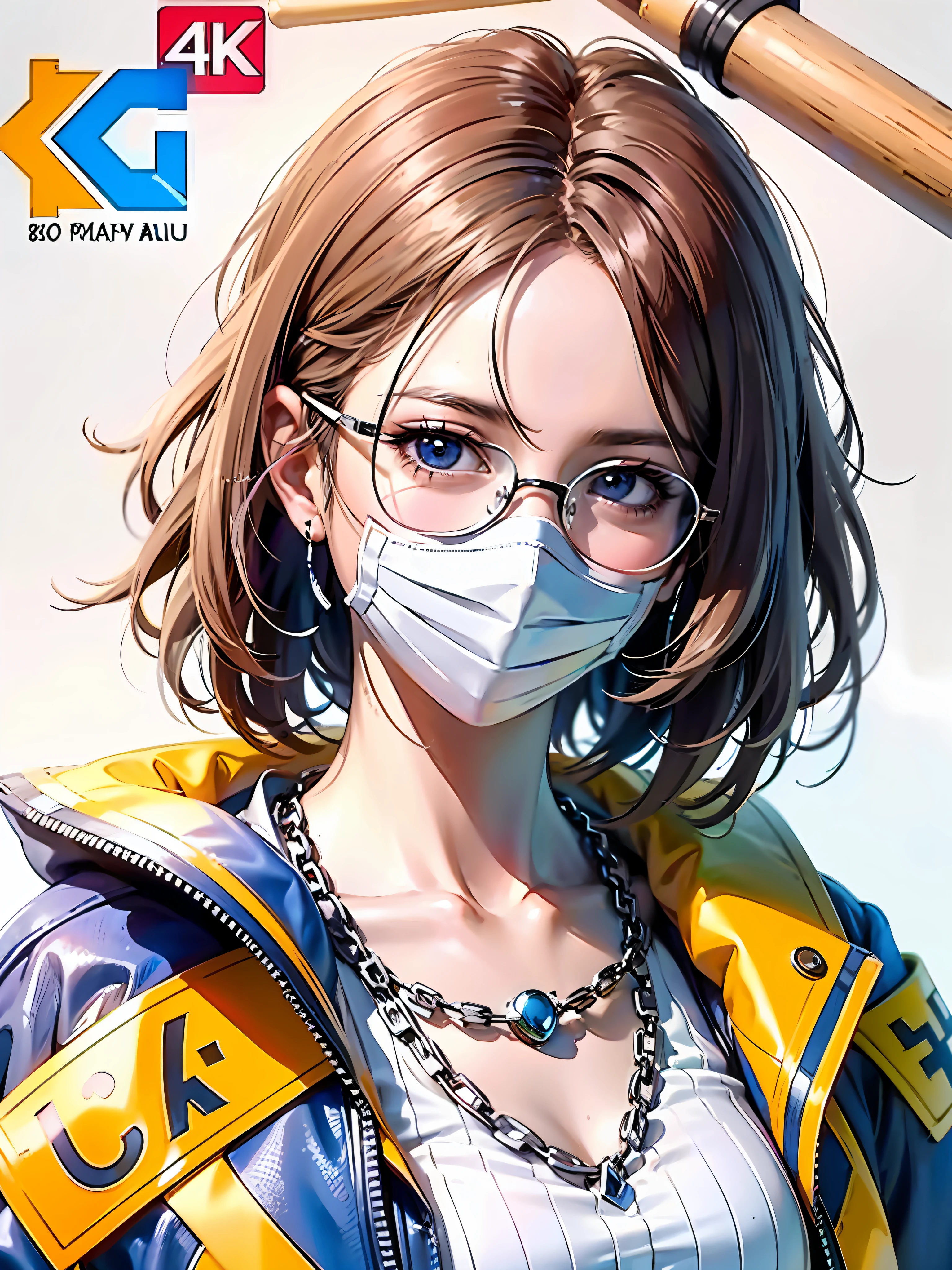 Anime girl wearing mask and glasses,Baseball bat in hand, style of anime4 K, Anime style. 8K, Stunning anime face portrait, detailed portrait of an anime girl, Anime art wallpaper 8 K, Style anime, Realistic anime 3 D style, Anime art wallpaper 4k, Anime art wallpaper 4 K, clean and meticulous anime style, Anime wallpaper 4K