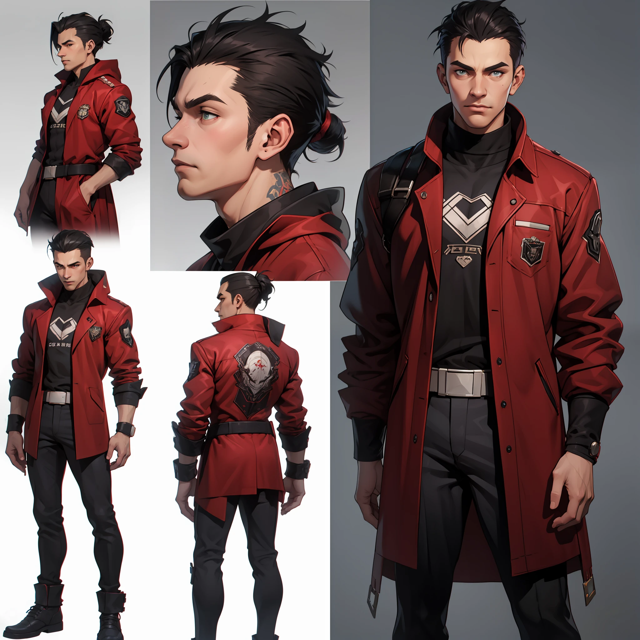 ((tmasterpiece)), (((beste-Qualit))), (Character design sheet, The same full-length character, on front, from on the side, At the back), illustartion, guy, face mask, red clothes, closed clothing, Cyberpunk clothes, waist-high, Mature man, Cyberpunk style, charturnbetalora, (Simple background, whitebackground: 1.3) ,--6