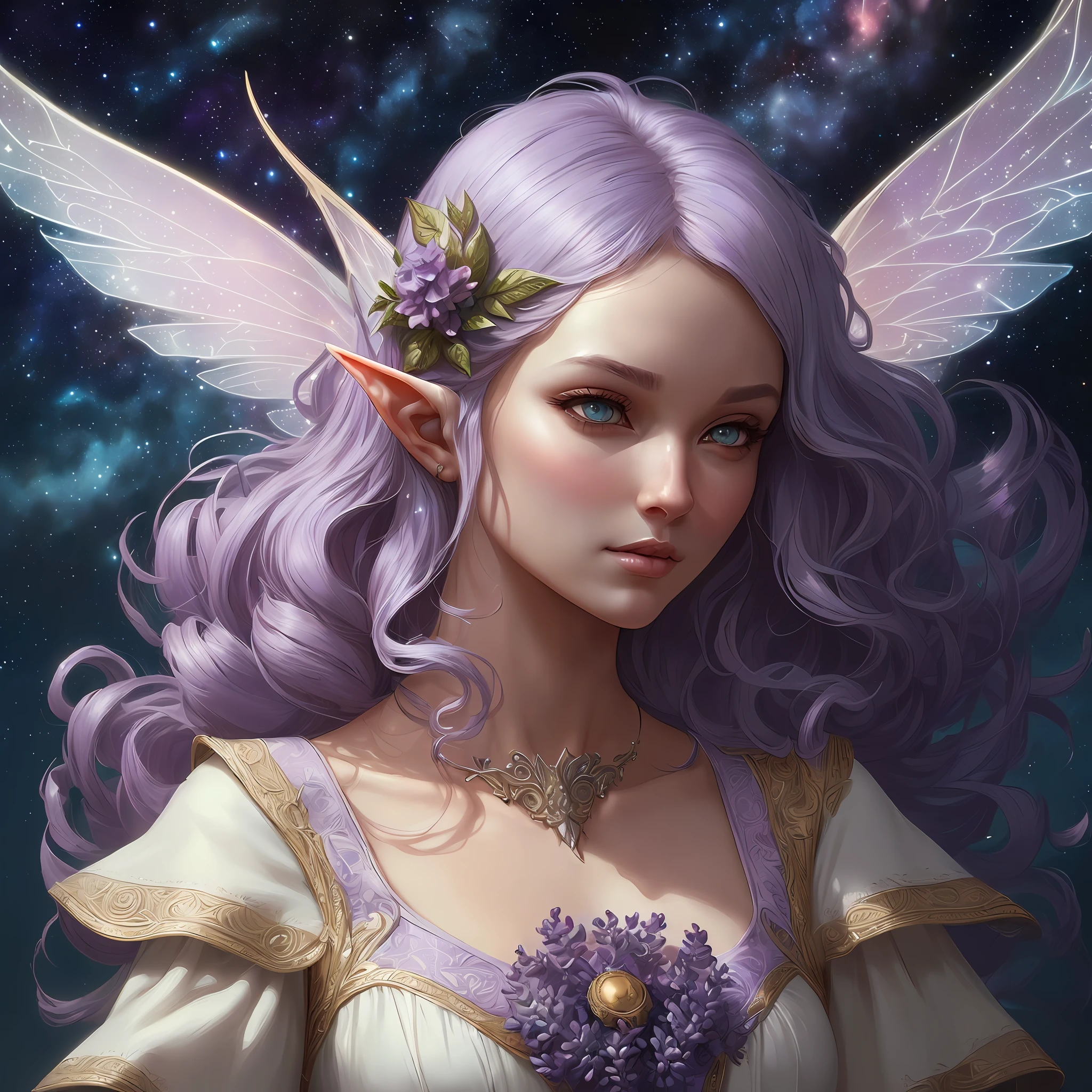 (((An Elven Maiden))) ((Fairy wings on back)) ((Flowy white dress with purple vest)) Cute, Whimsical (((long curly lilac hair)), Hyperdetailed, ((starry sky)) Insanely Detailed Fantasy HDR, Perfect Features, (Bright moonlight And Shadows) Charming, Epic Colors, Fantasy, ((Skyrim)) , digital illustration, extreme detail, digital art, 4k, ultra hd, cinema 4d, national geographic photo, rococo, beautiful, polished, intricate, ((detailed face)), fantasy art, beautiful detailed face, sharp focus, concept art, art by wlop, artgerm, greg rutkowski and alphonse mucha, 2d vector, beautiful, vibrant --auto