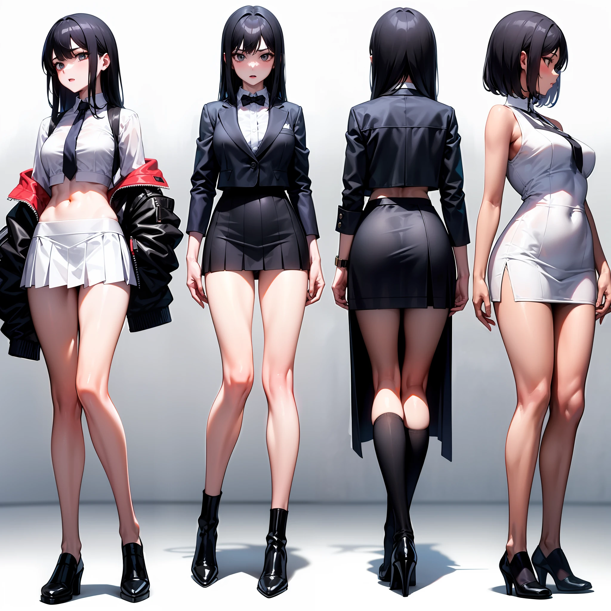 Full-body standing image of a black-haired high-breasted high school girl seen from the front,See-through blouse,See-through super mini pleated skirt with waist-high slits on the sides,No vest,Udder and show through,