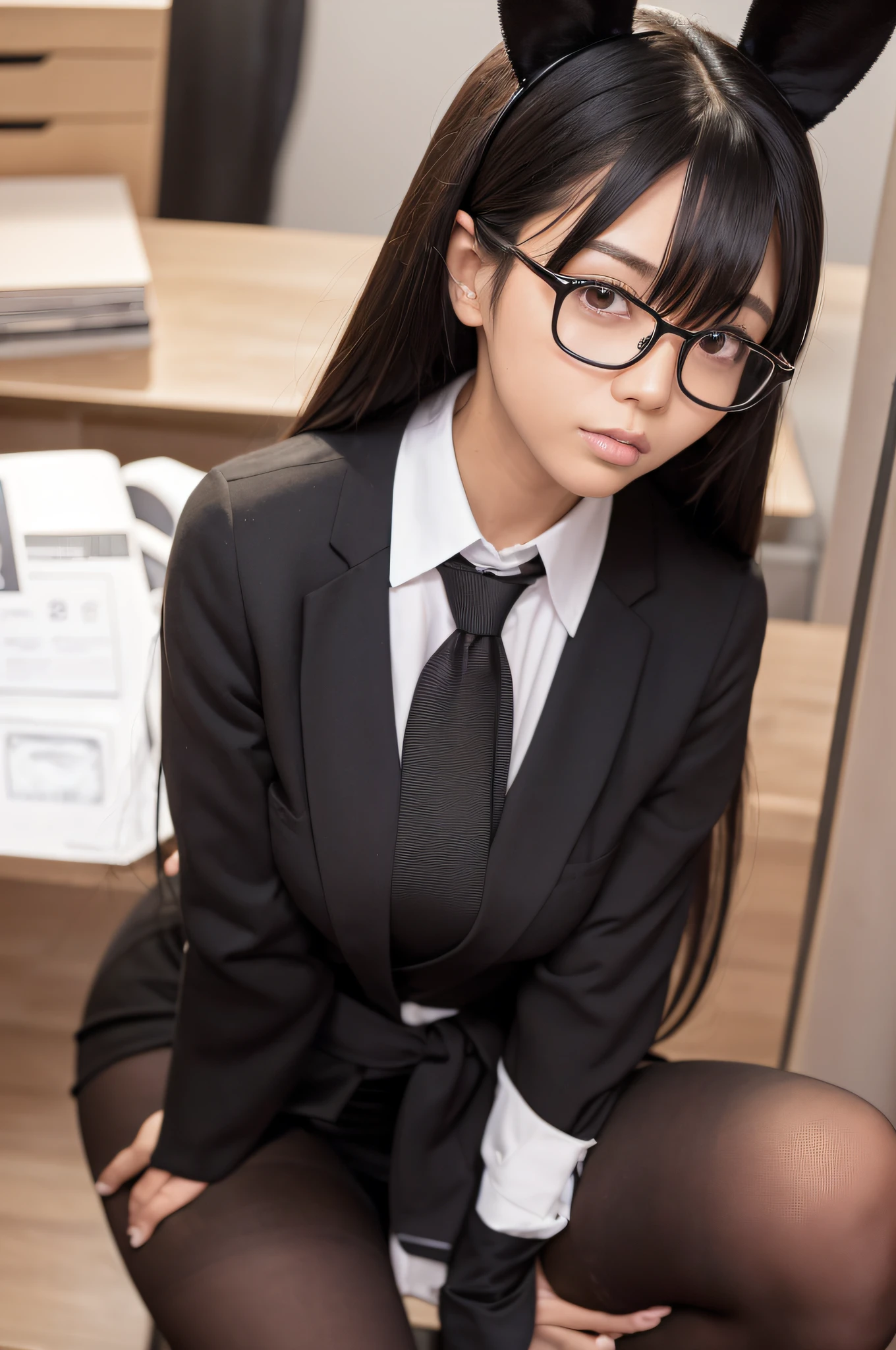 cabelos preto e longos、Wearing light black stockings、stockings、suits、a miniskirt、Wearing black high heels、Wearing thin-rimmed glasses、Wearing a tie、Large, perfectly shaped breasts、Rabbit ears on the head、Crisp face、Serious gaze、The background is office、cute face、face perfect、The average face of the Japan idol、girl with、s Office
