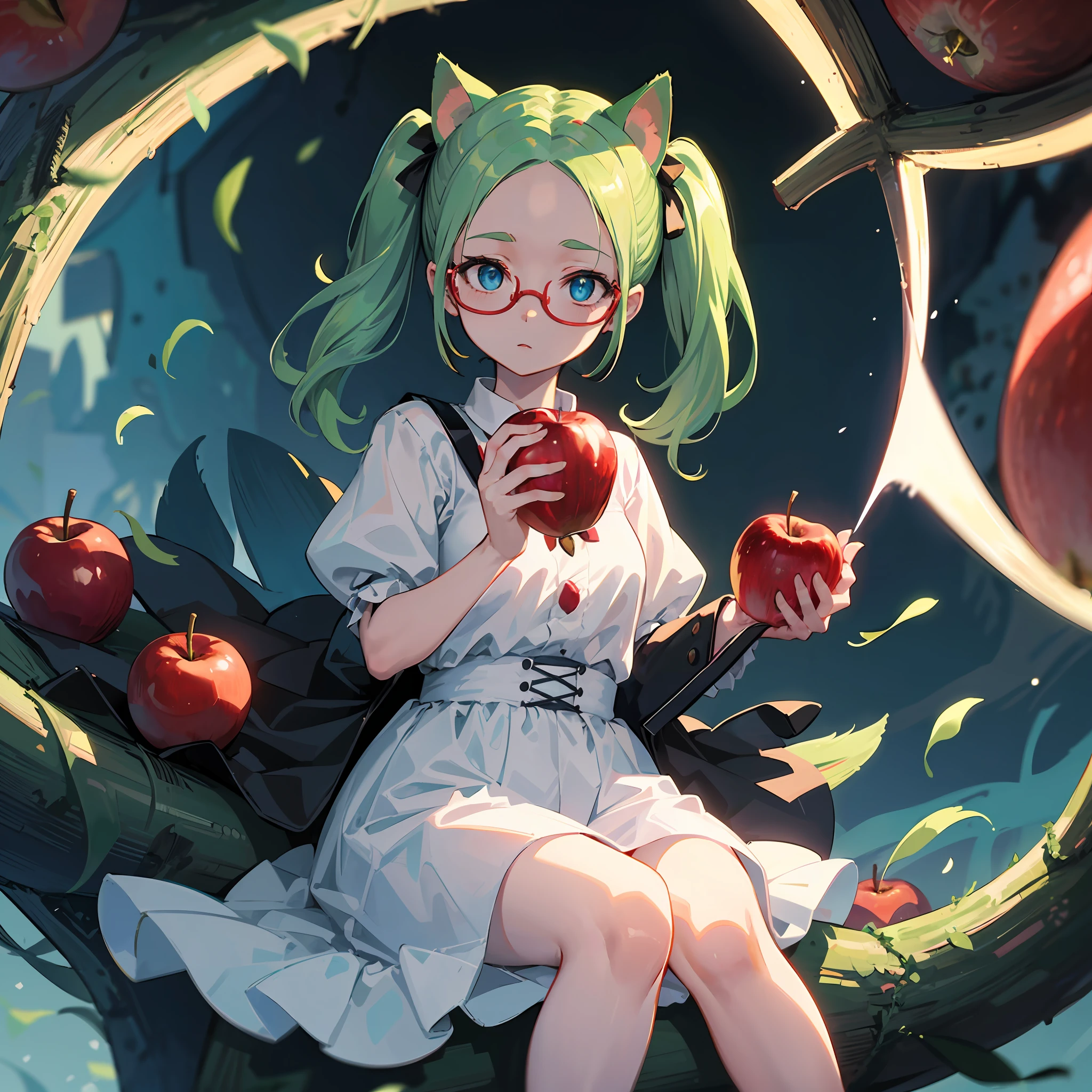 1girl, (not large tasty, Small breasts), Fashionable Short shirt, high-waisted medium skirt,, , (((cat ear, (deep blue eyes), (Pale green hair, Short hair that sticks out the forehead, Hairstyle that reveals the forehead, closeup forehead, Small pigtails), (red-half-rimed circle-glasses)))), in white dress sitting on a tree with red-apples all around her, 1girl, apple tree, One bird, one squirrel, solo, (2D, painting, illustration, picture book, masterpiece, intricate detail, ultra-detailed, highest resolution, best quality, ultra quality, sharp & smooth, best{shading & lighting}:0.9),(distortion, Beautiful luminescence and transparency:1.25),(realistic:0.6),high contrast,