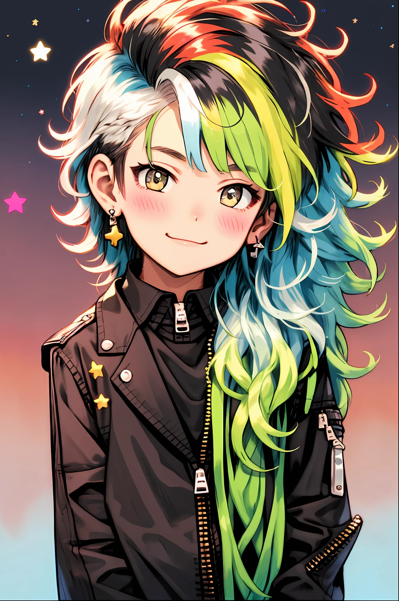 Niji Kei, long hair, genderless, looking at viewer, blush, smile, bangs, shirt, black hair, jewelry, closed mouth, jacket, upper body, white hair, multicolored hair, earrings, green hair, star (symbol), two-tone hair, streaked hair, black jacket, messy hair, multicolored clothes, zipper, 1boy