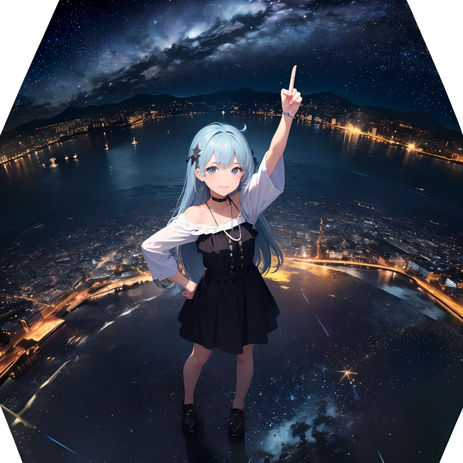 (absurderes:1.3), Best Quality, hight resolution, (1girl in:1.3), Solo, (Point to the sky、put hands on the hip:1.3), (Arm up, point at viewer:1.3), open stance, grin, (Glowing eyes:1.1),
BREAK, (The whole picture, the panorama, a panoramic view:1.3), (From  above:1.3), Looking Up, Looking at Viewer,
BREAK, (Starry sky:1.3), Standing in space, Spotlight,