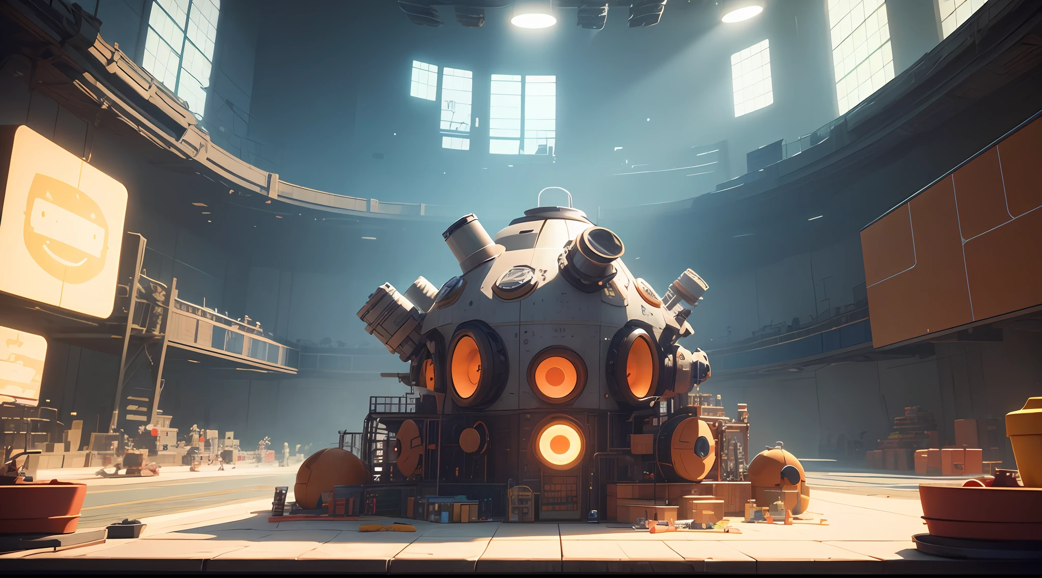 To create a robot factory in the future world, there are five platforms in the middle of the indoor scene head up view, Mario Odyssey's rendering quality, 3D Cel shading, blender cartoon 3S material effect, high-definition pictures, exquisite pictures --auto