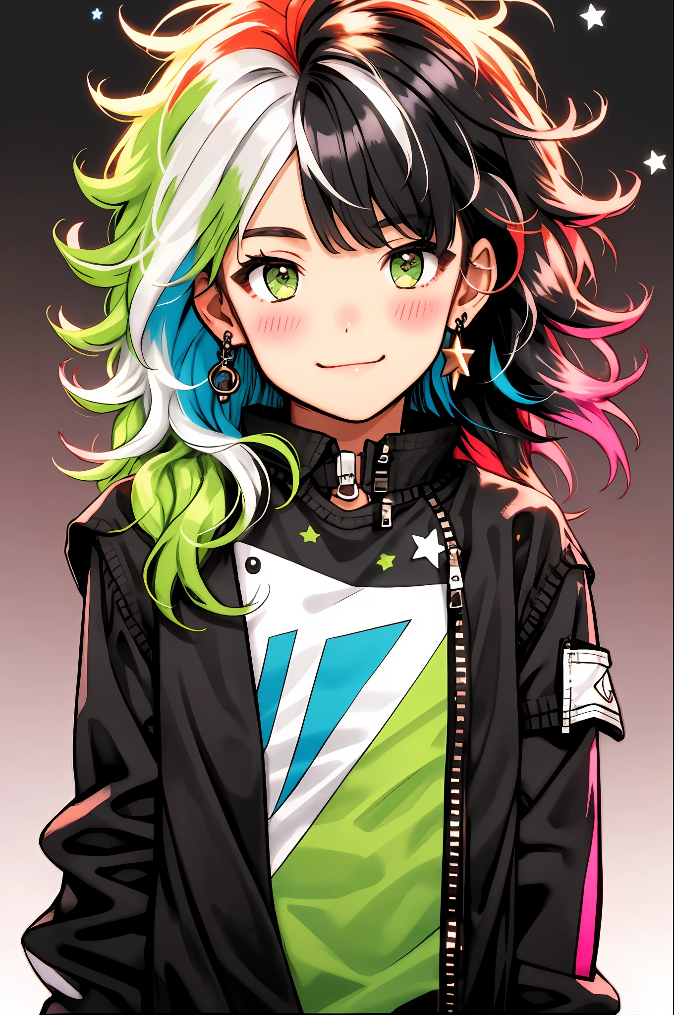 Niji Kei, long hair, genderless, looking at viewer, blush, smile, bangs, shirt, black hair, jewelry, closed mouth, jacket, upper body, white hair, multicolored hair, earrings, green hair, star (symbol), two-tone hair, streaked hair, black jacket, messy hair, multicolored clothes, zipper, 1boy