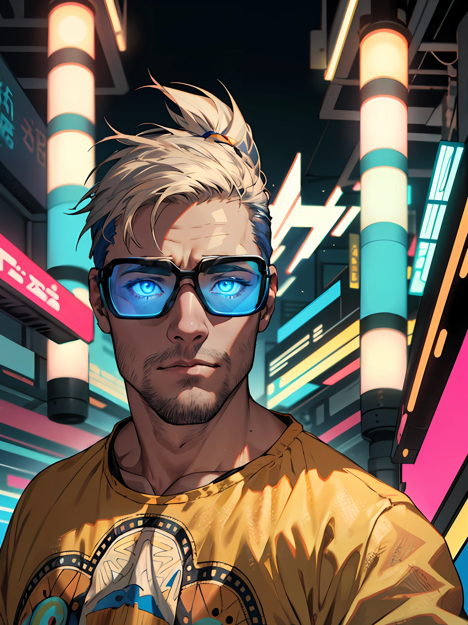 (masterpiece,best quality,absurdres ), 1man, muscular, detailed eyes, blue eyes, open jacket, running to camera, upper body, (fluorescent lamp),(colorful), ((abstract background)),