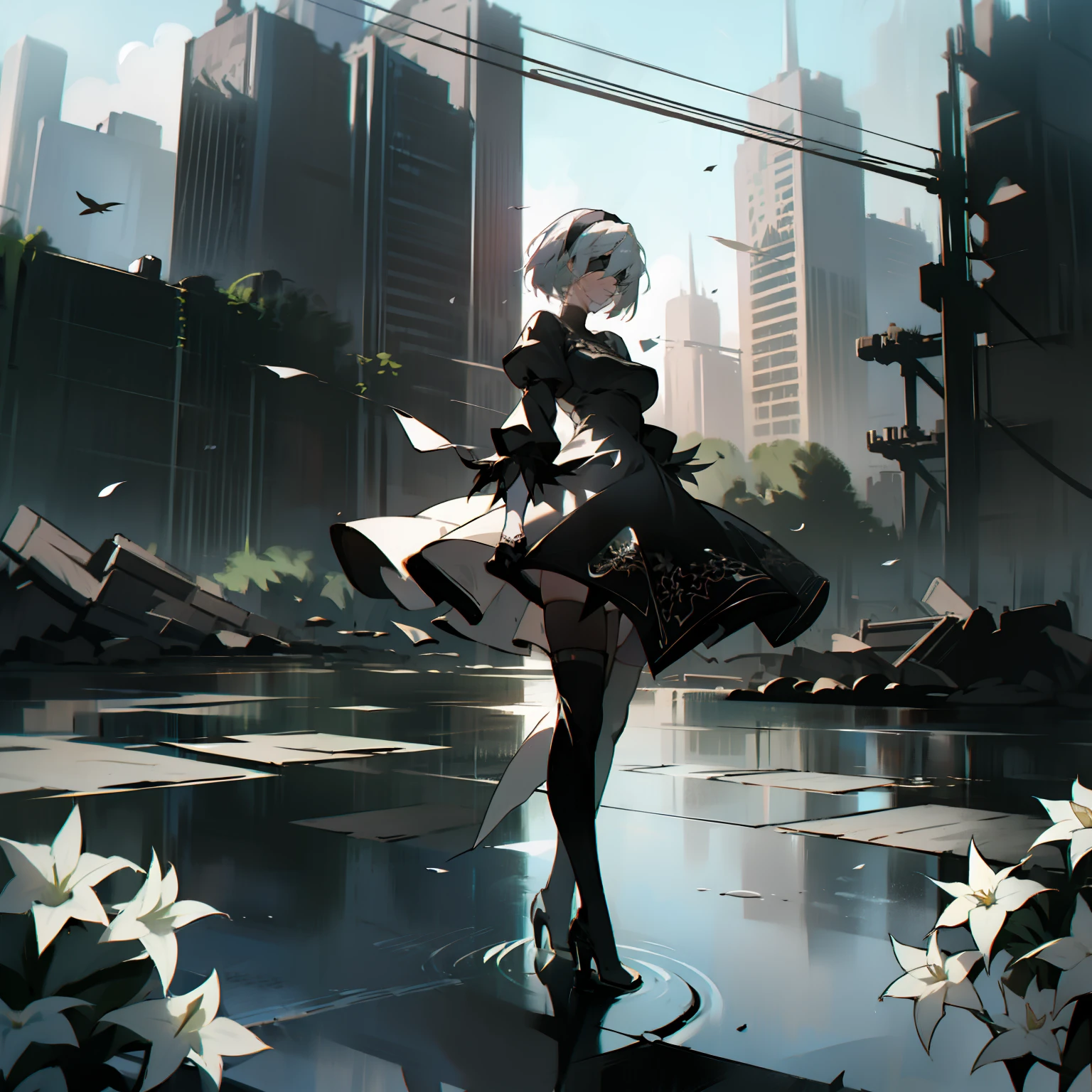 masterpiece, best quality, detailed face, extremely detailed, yorha no. 2 type b, 1girl, solo, absurdres, 8k, White hair, silver hair, black blindfold, black dress, black hairband, blindfold, eye highlights blue sky, boots, building, city, cloud, covered eyes, debris, dress, feather-trimmed sleeves, feather trim, gloves, grass, hairband, high heel boots, high heels, highres, juliet sleeves, katana, leather, leather boots, long sleeves, nier \(series\), nier automata, outdoors, overgrown, pod \(nier automata\), post-apocalypse, puddle, puffy sleeves, rubble, ruins, scenery, sky, thigh boots, thighhighs, thighhighs under boots, water, Leaves dancing in the wind, White flowers, white lilies