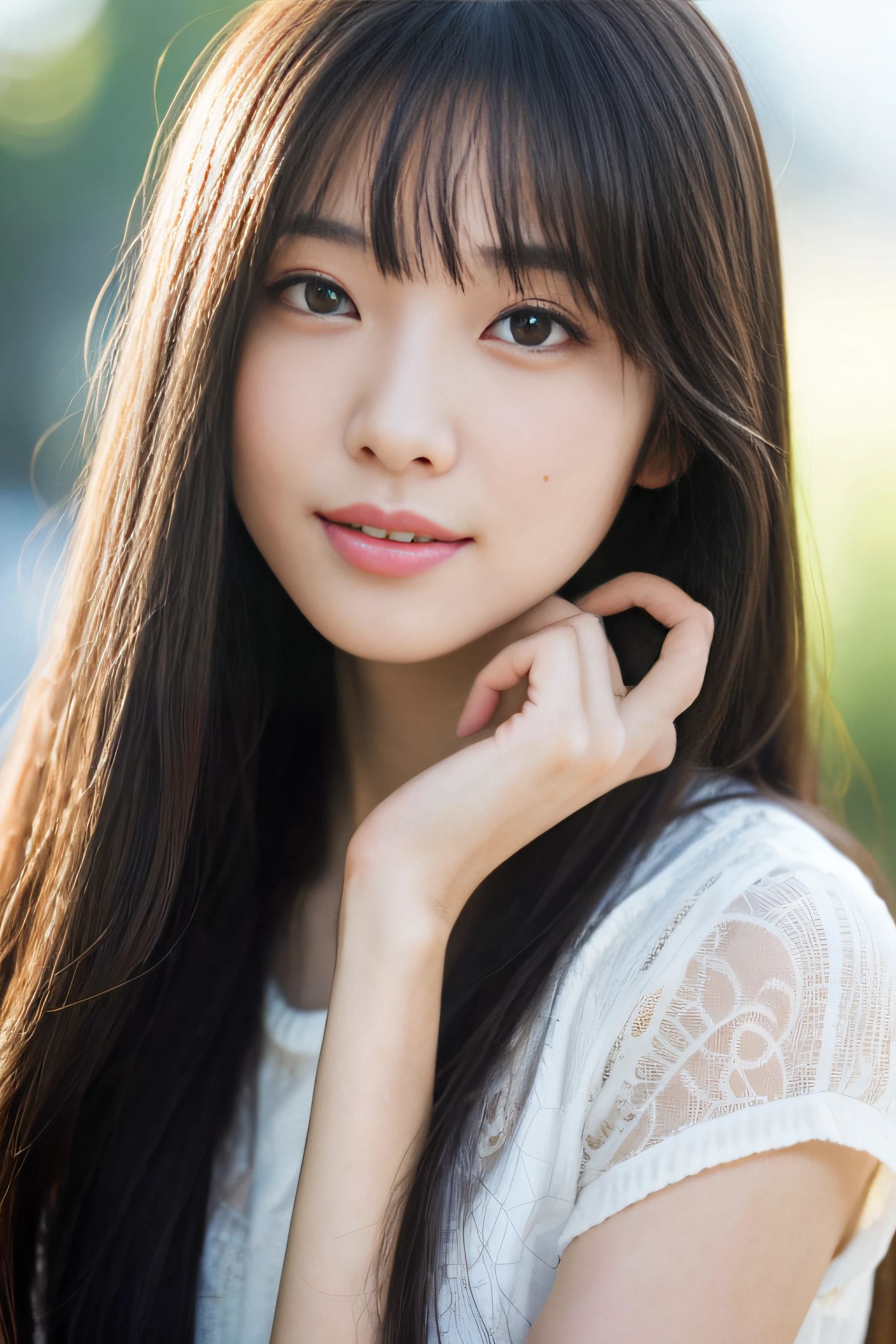 (8k, RAW photos, top quality, masterpiece: 1.2), super detailed, super resolution, (real, real photos: 1.37), portraits, high resolution RAW color photos, professional photos, very detailed and beautiful, very detailed, 8k wallpapers, amazing details, huge file size, official art, highly detailed CG Unity 8k wallpapers, very detailed beautiful girls, very detailed faces very detailed eyes, Very detailed skin, Very detailed fingers, Very detailed nose, Very detailed mouth, Perfect anatomy, Very detailed background, Very detailed clothes, One girl, (18:1.2), Teen, Cute girl, Famous Japan idol, Cute, Realistic body, Petite, White skin, Glowing skin, Slim body, Handsome body, Black hair, Long straight hair, (dull bangs:1.2), Smile, Cute, Youthful , cute face, realistic face, delicate eyes, sale eyes,