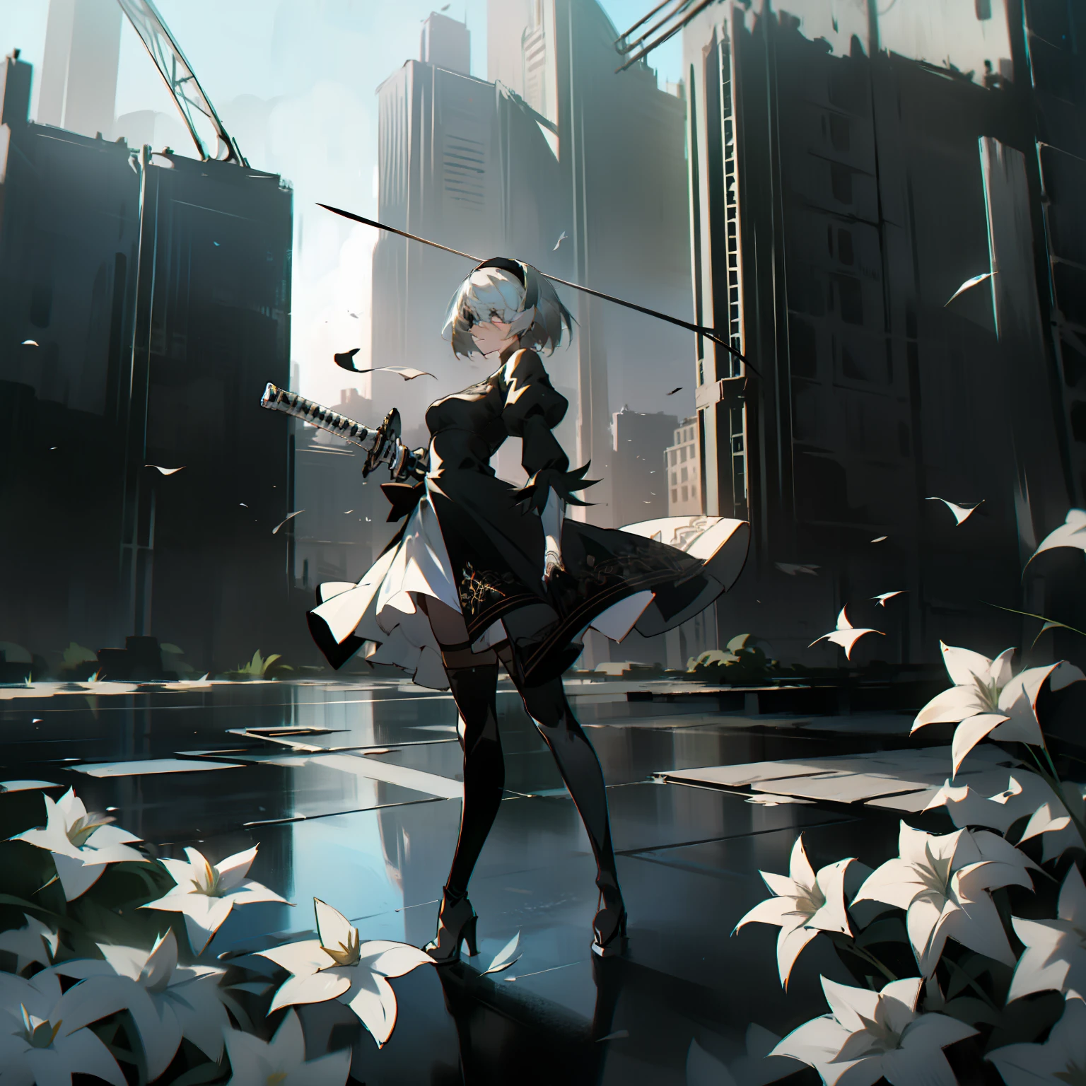 masterpiece, best quality, detailed face, extremely detailed, yorha no. 2 type b, 1girl, solo, absurdres, 8k, White hair, silver hair, black blindfold, black dress, black hairband, blindfold, eye highlights blue sky, boots, building, city, cloud, covered eyes, debris, dress, feather-trimmed sleeves, feather trim, gloves, grass, hairband, high heel boots, high heels, highres, juliet sleeves, katana, leather, leather boots, long sleeves, nier \(series\), nier automata, outdoors, overgrown, pod \(nier automata\), post-apocalypse, puddle, puffy sleeves, rubble, ruins, scenery, sky, thigh boots, thighhighs, thighhighs under boots, water, Leaves dancing in the wind, White flowers, white lilies