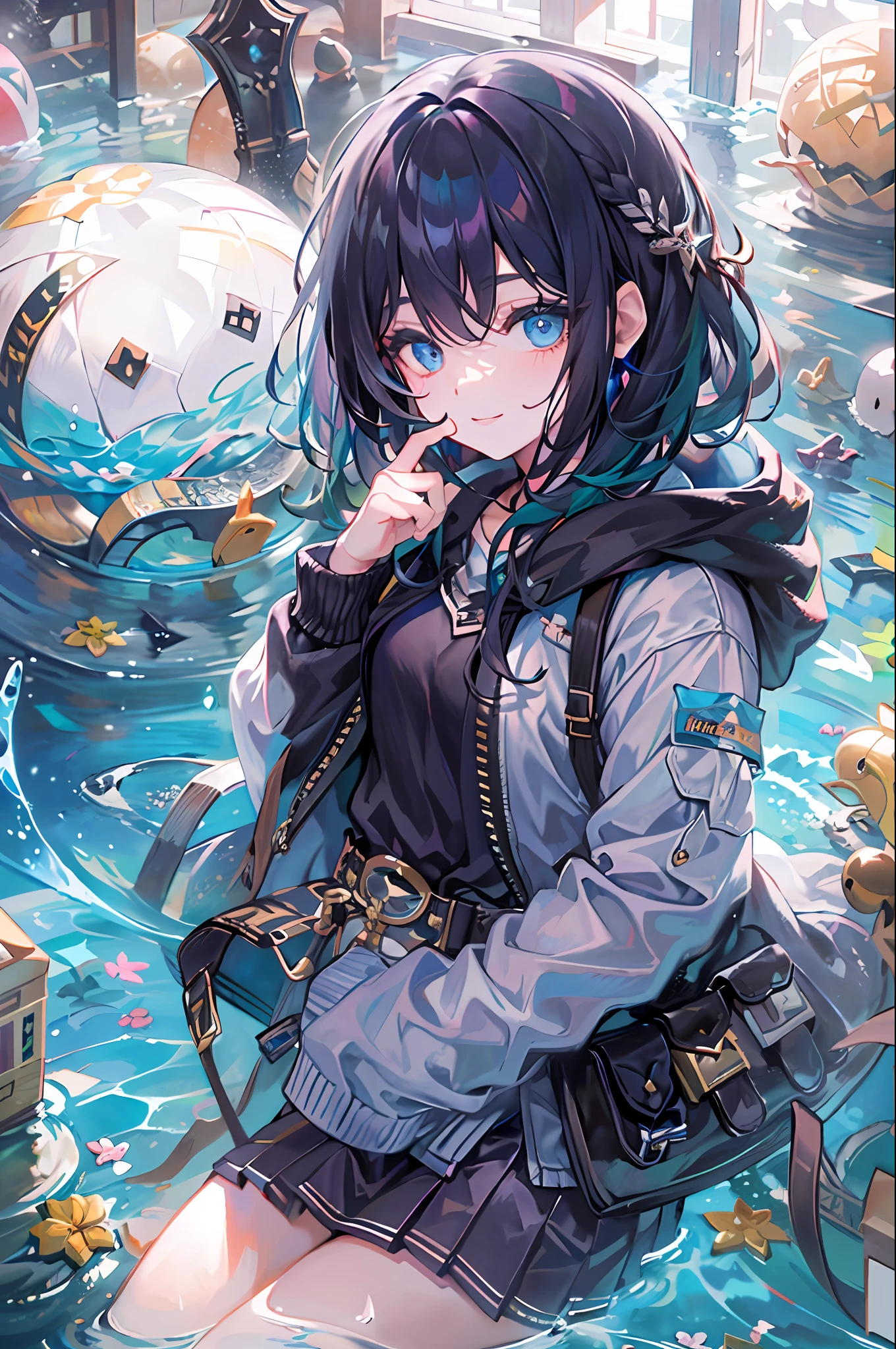 ((top-quality)), ((masterpiece)), ((ultra-detailliert)), (extremely delicate and beautiful), girl with, 独奏, cold attitude,((Black jacket)),She is very(relax)with the(Settled down)Looks,A dark-haired, depth of fields,evil smile,Bubble, under the water, Air bubble,bright light blue eyes,Inner color with black hair and light blue tips,Cold background,Bob Hair、a miniskirt