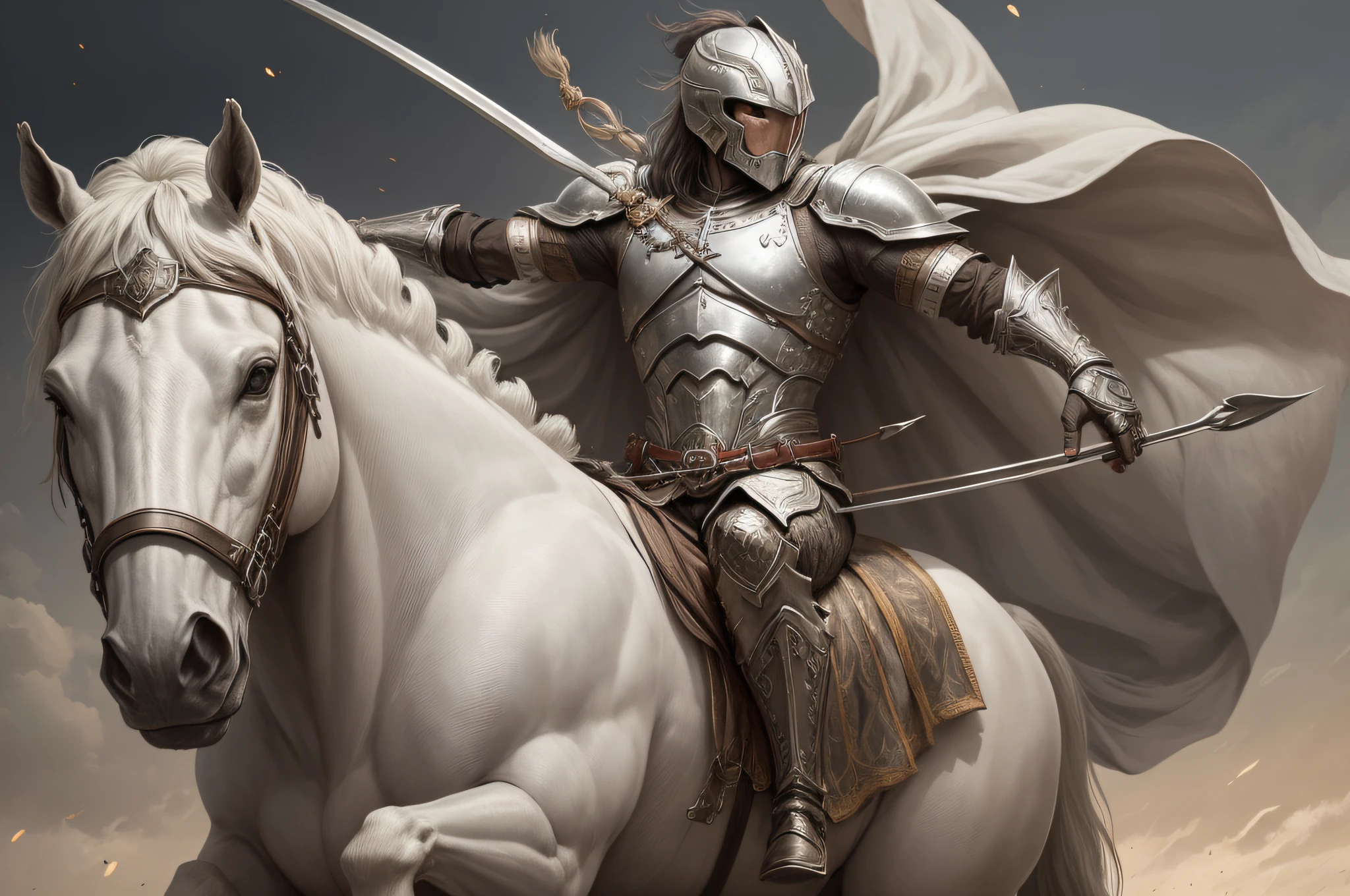 um cavaleiro com armadura branca brilhante montado em um (((cavalo branco))). A Horseman of the Apocalypse with a bow and arrow in his hands, apontando pra atirar.