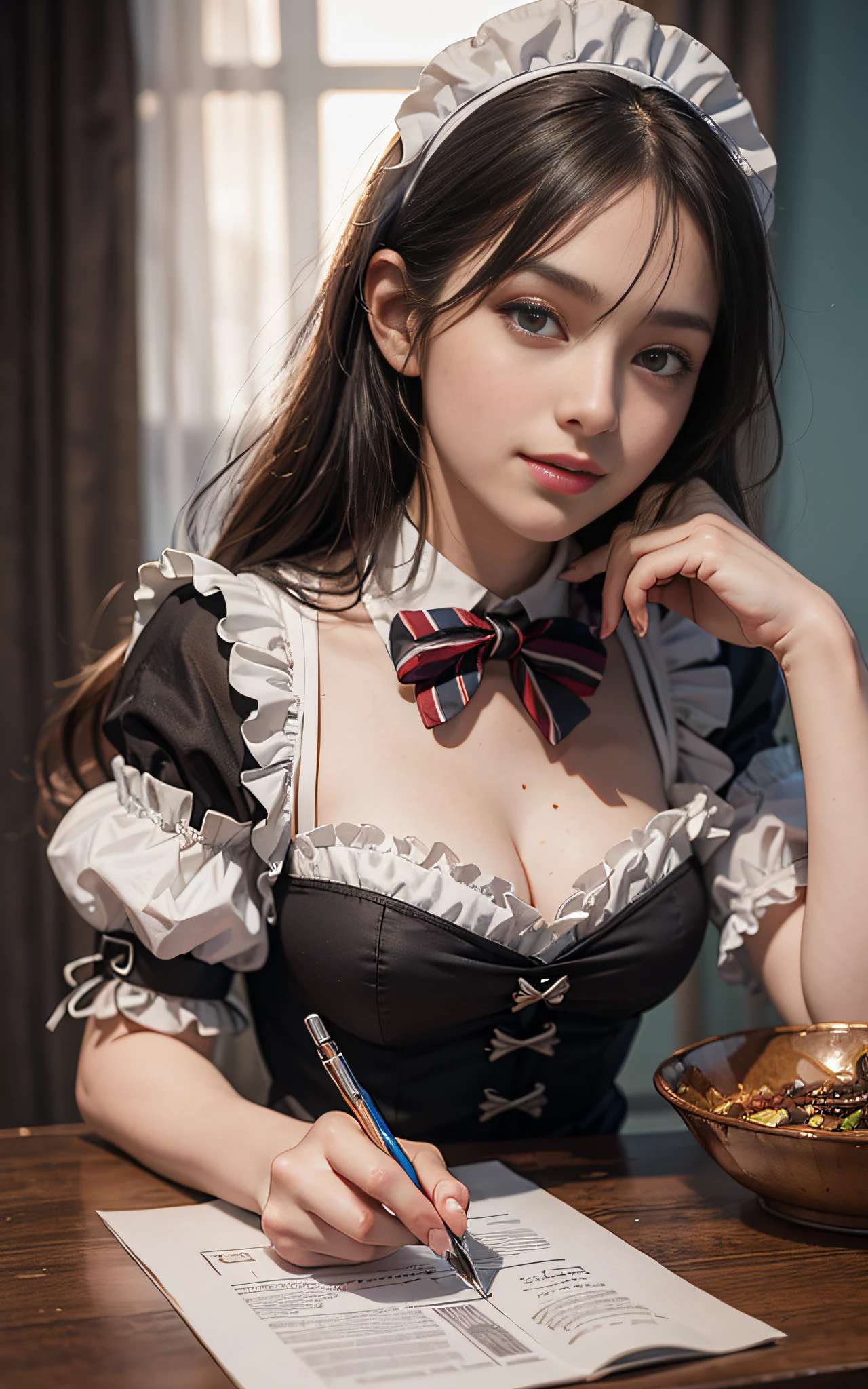 (8K, Raw photo, Best Quality, masutepiece:1.2), high-definition RAW color photography, professional photograpy, cowboyshot, (Realistic, photographrealistic:1.37), ((Best Quality)), a 20 yo woman, Cinematic Light, (finerly detailed face:1.2), (masutepiece:1.5), (Best Quality:1.2), (Mole:0.8), (Smiling:0.9), (Looking at Viewer:1.2), breasts on table, large breasts, bowtie, (Detailed Maid:1.2)