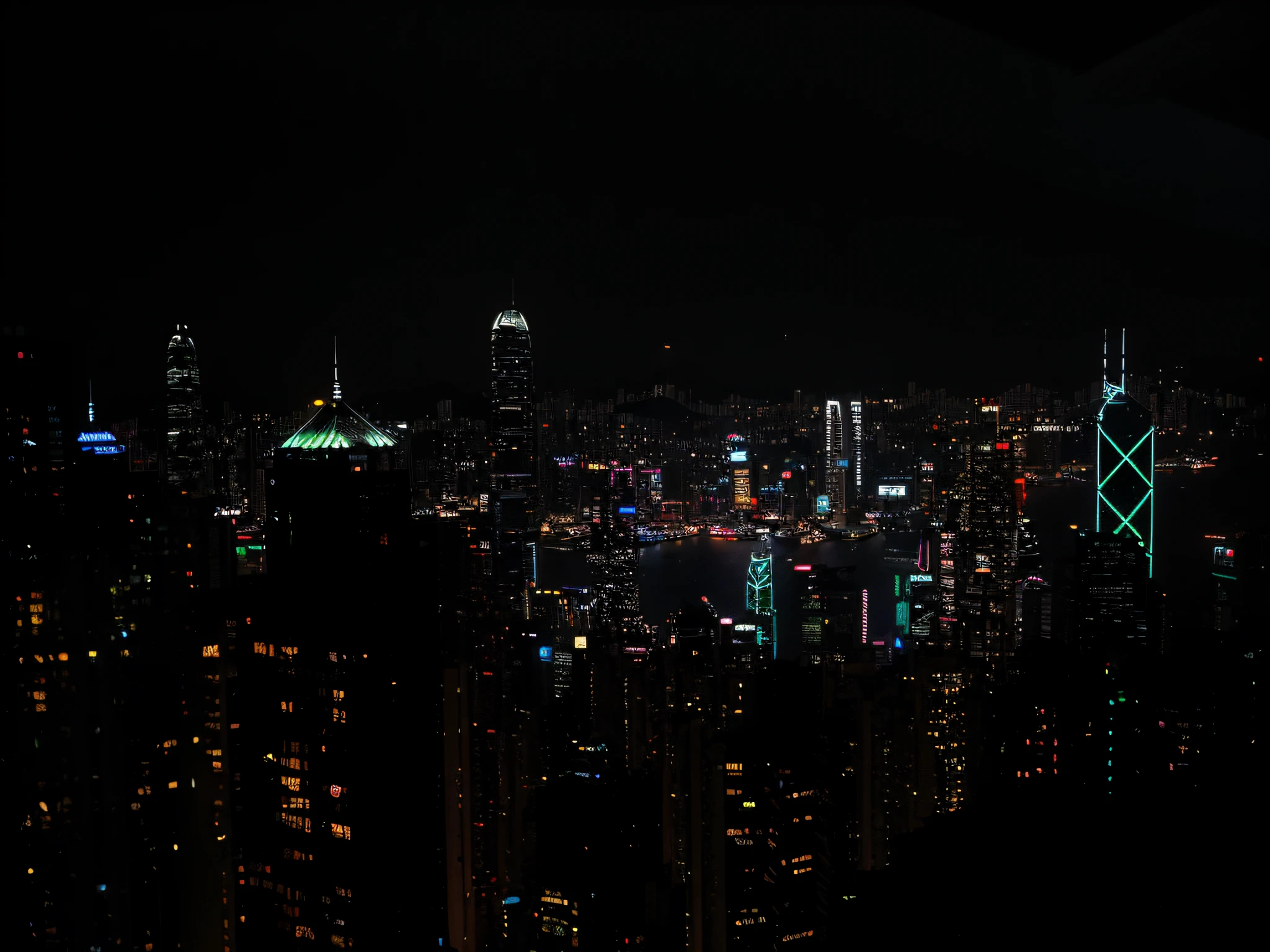 Night view of the city with skyscrapers and bridges, Hong Kong cyberpunk cityscape, the lights of the building lighten up the sky, Dazzling neon billboards and logos (1.2), dystopian city skyline at night, Like《bladerunner》Scene in, Cyberpunk style, (volumetric fog effect (1.2), halation effect, ray tracing, Ultra high quality), masterpiece, 8K, RAW