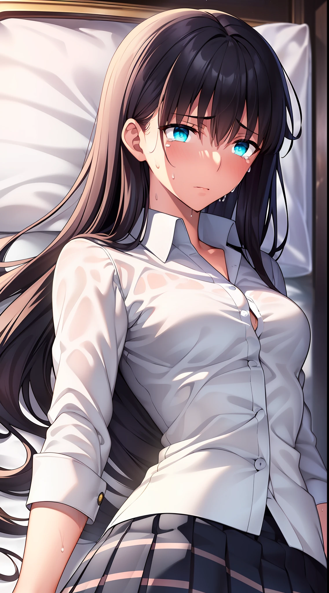 {{{beautiful}}}, amazing, (best quality:1.5), (masterpiece:1.5), extremely delicate and beautiful, intricate details, finely detailed, extremely detailed, beautifully detailed, ultra-detailed, (hyperdetailed:1.5), high resolution, (illustration), watercolor pencil, Clear line drawing, (ufotable style:1.1), (ufotable screen cap:1.1), anime coloring, anime screencap, (latest picture), backlighting, dynamic angle, glow, depth of field, {{{body satisfaction}}}, (body with a good balance of style:1.5), (slender figure:1.5), perfect body, perfect hands, perfect feet, (two arms:1.2), (two legs:1.2), (five fingers each:1.2), (perfect joint:1.2), perfect joint movement, beautiful detailed eyes, (detailed eyes:1.5), finely detailed eyes, perfect anatomy, full dissection, perfect composition, correct limbs, balance and coordination in all things, realistic:0.5, precise fingers and hands, (finely drawn hair:1.5), {{{cool girl}}}, (black hair:1.3), (semi-long hair:1.3), (straight hair:1.3), bangs, (cyan eyes:1.3), (medium breasts:1.3), (small-sized buttocks:1.3), {{{Bedroom}}}, (bed:1.3), indoors, {{{school uniform}}}, (white collared shirt:1.5), white shirt, breast tent, (checkered pleated skirt:1.5), checked skirt, pleated skirt, (unbutton one's first button:1.5), {{{blush}}}, shy, (sweat:1.5), (teary eyes:1.7), (ecstasy:1.5), gasping face, (ecstasy face), (white liquid drips between her legs and down her thighs:1.5), {{{masturbation}}}, female masturbation, masturbating, fingering, (spread one's legs:1.3), (solo:1.5), self-love, self fondle, 1girl, clothed, (missionary position:1.5), (lying:1.5), (lie on the bed:2.0), missionary, missionary pose, supine position, push down, on back, fpov, lying_bustup_shot,