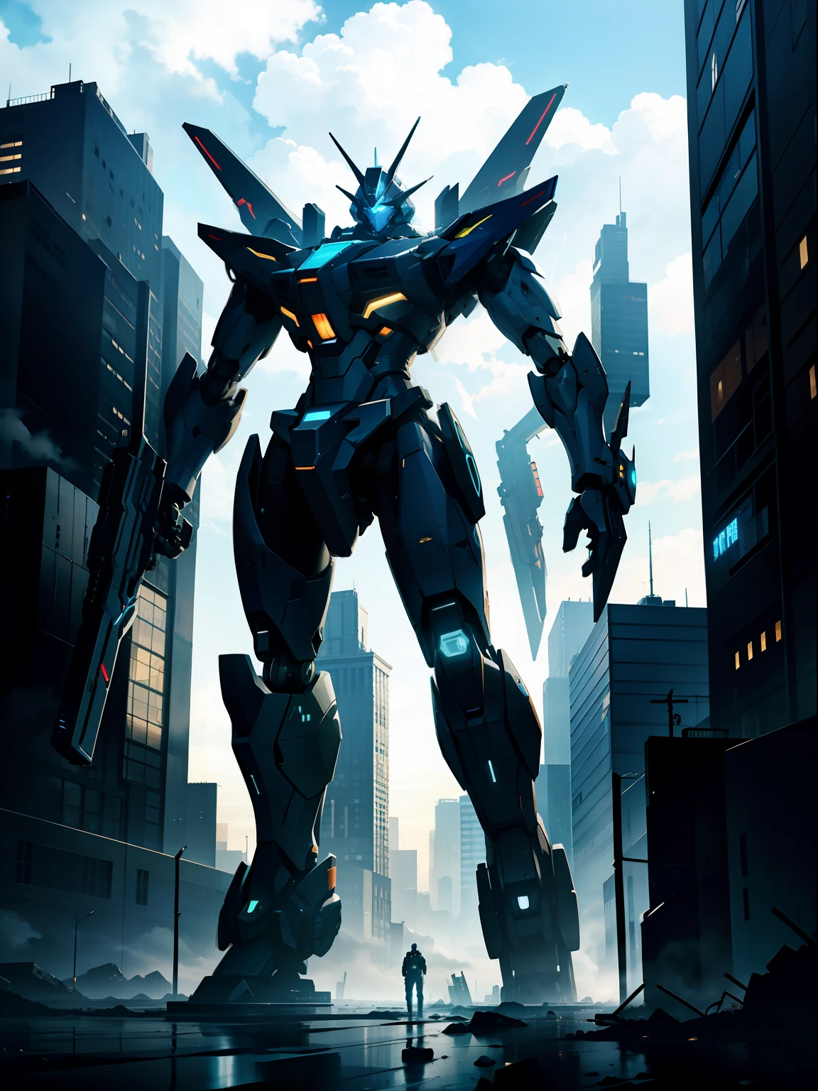 sky, cloud, holding_weapon, no_humans, glowing, , robot, building, glowing_eyes, mecha, science_fiction, city, realistic,mecha