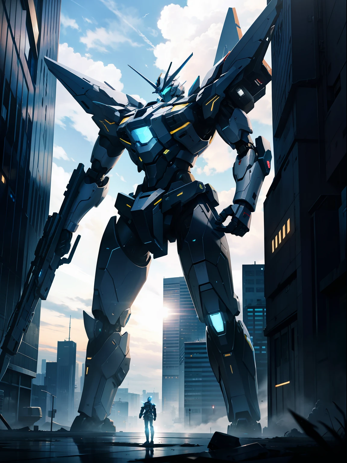 sky, cloud, holding_weapon, no_humans, glowing, , robot, building, glowing_eyes, mecha, science_fiction, city, realistic,mecha