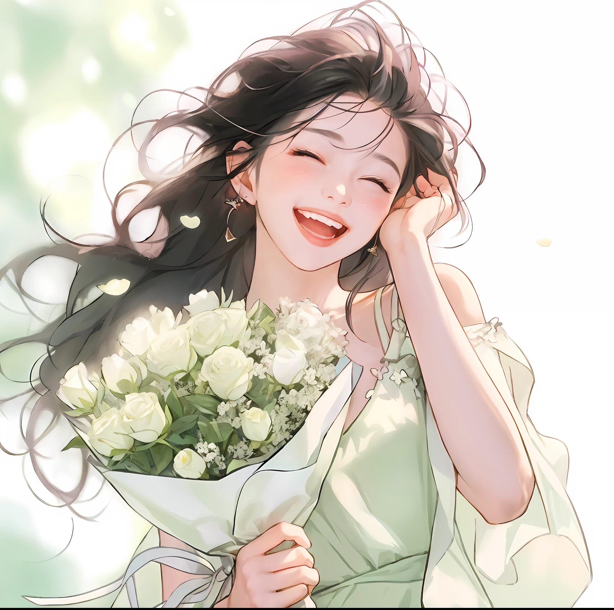 Anime girl holding flowers in her hand，With a smile on his face, With flowers, Guviz, she expressing joy, beautiful and smiling, laughing sweetly, Lovely smile, with a beautiful smile, Middle metaverse, by Yang J, happy and spirited expression, and she smiling，Very happy, Guviz-style artwork