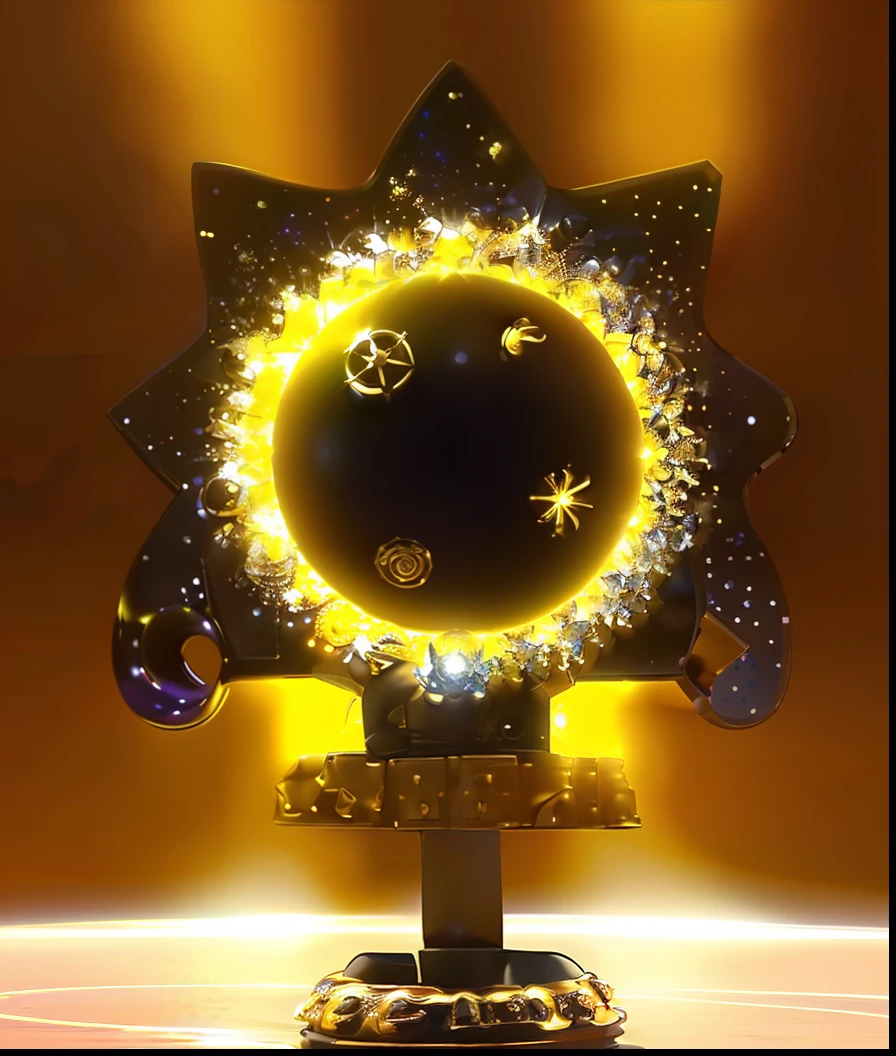 um close up de um brinquedo com um fundo amarelo e uma estrela, cosmic bjork, Sol do buraco negro, brinquedo designer de vinil, Enorme sol amarelo brilhante, moonray render, estatueta de brinquedo de vinil, sol do buraco negro, lua negra gaint, galactic deity, Arte Promocional, enorme sol amarelo gigantesco, sol preto, Sol amarelo com eclipse roxo, art toys collectible figurine
