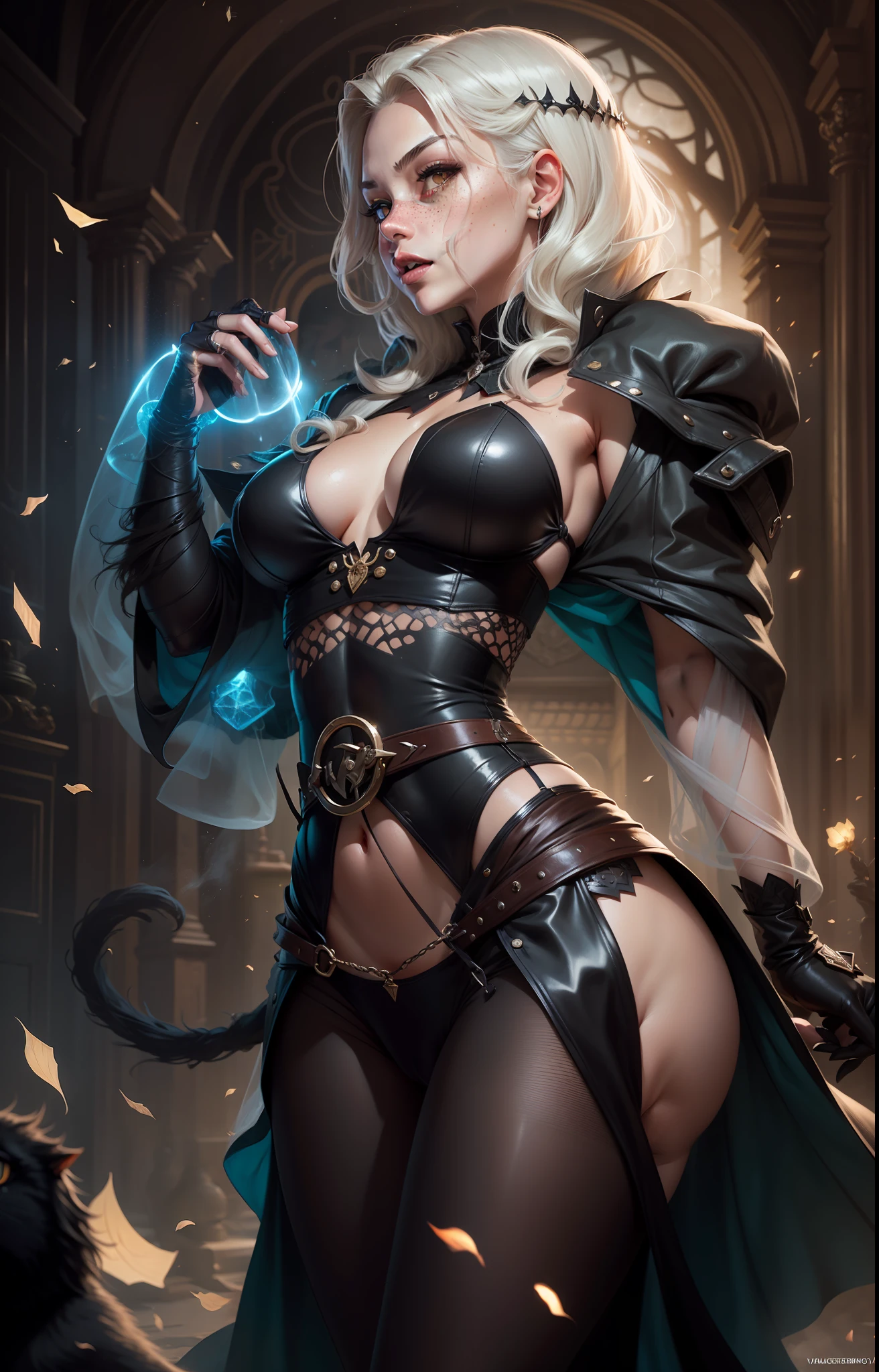 (1 girl), there is a woman with a ((1 black cat)), perfect anatomy, on her shoulder from mistborn, portrait of fin wildcloak, caleb from critical role, yennefer of vengerberg, white - haired mage, tiefling bard, in style of (dark fantasy) art, tiefling female warlock, illustration concept art, inspired by Lucas Graciano, sexy pose, determined, (detailed background), (freckles), official art, illustration, ligne claire, (cool_color), perfect composition, absurdres, fantasy, focused, (clear clothing, transparent cloth, see-through material), (((cameltoe))), (red hair, freckles, huge breasts, nearly naked, underboob), thick but fit, blend of Natalie Dormer and Zendaya, silk robes, detailed castle background, 25 yo, natural, amazing body, pronounced feminine feature, speaking, laughing, festival,