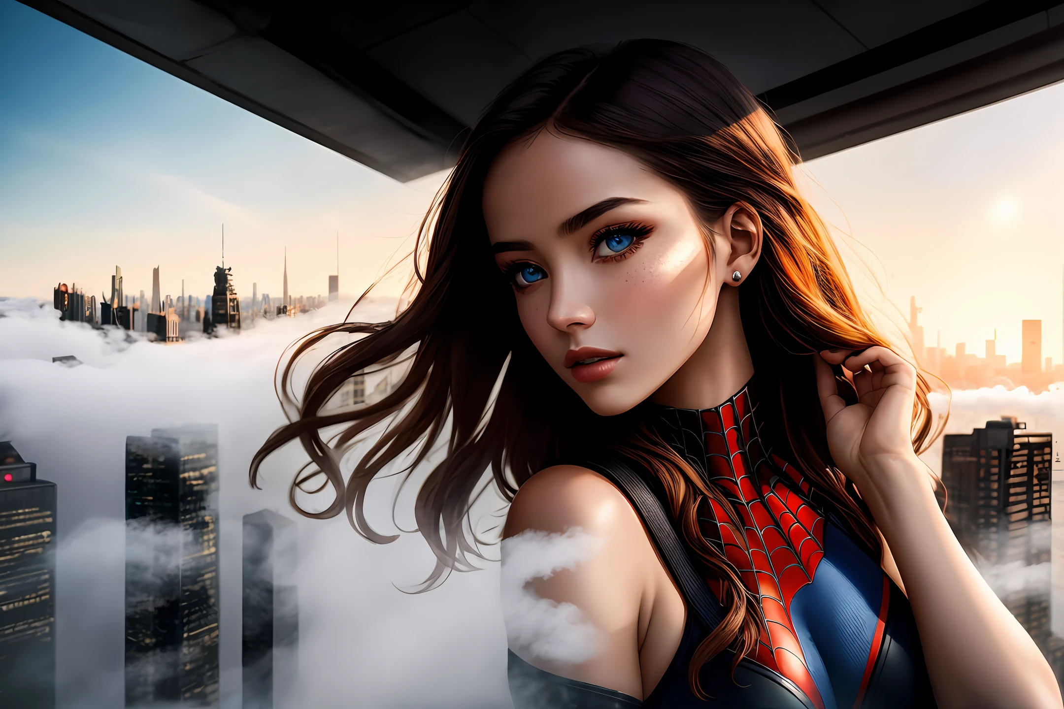 (1girl:1.3), Solo, (((Very detailed face)))), ((Very detailed eyes and face)))), Beautiful detail eyes, Body parts__, Official art, Unified 8k wallpaper, Super detailed, beautiful and beautiful, beautiful, masterpiece, best quality, original, masterpiece, super fine photo, best quality, super high resolution, realistic realism, sunlight, full body portrait, amazing beauty, dynamic pose, delicate face, vibrant eyes, (from the front), She wears Spider-Man suit, red and black color scheme, spider, very detailed city roof background, rooftop, overlooking the city, detailed face, detailed complex busy background, messy, gorgeous, milky white, highly detailed skin, realistic skin details, visible pores, clear focus, volumetric fog, 8k uhd, DSLR camera, high quality, film grain, fair skin, photo realism, lomography, futuristic dystopian megalopolis, translucent,