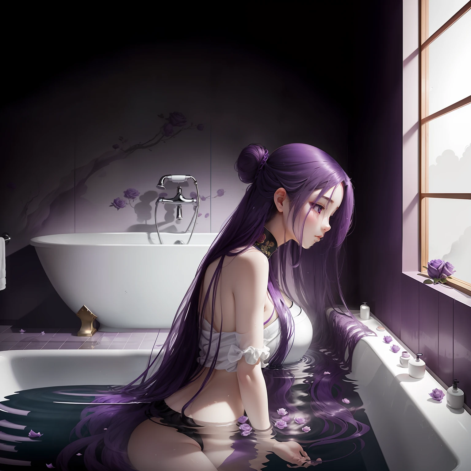 Purple hair A simple girl Full body portrait Dark light Long hair and shoulders Holding back A cover No leaky bones Cute Chinese style Not glamorous Bathroom Soaked in the bathtub Heads up Roses floating on the surface of the water Water overflows the bathtub --auto