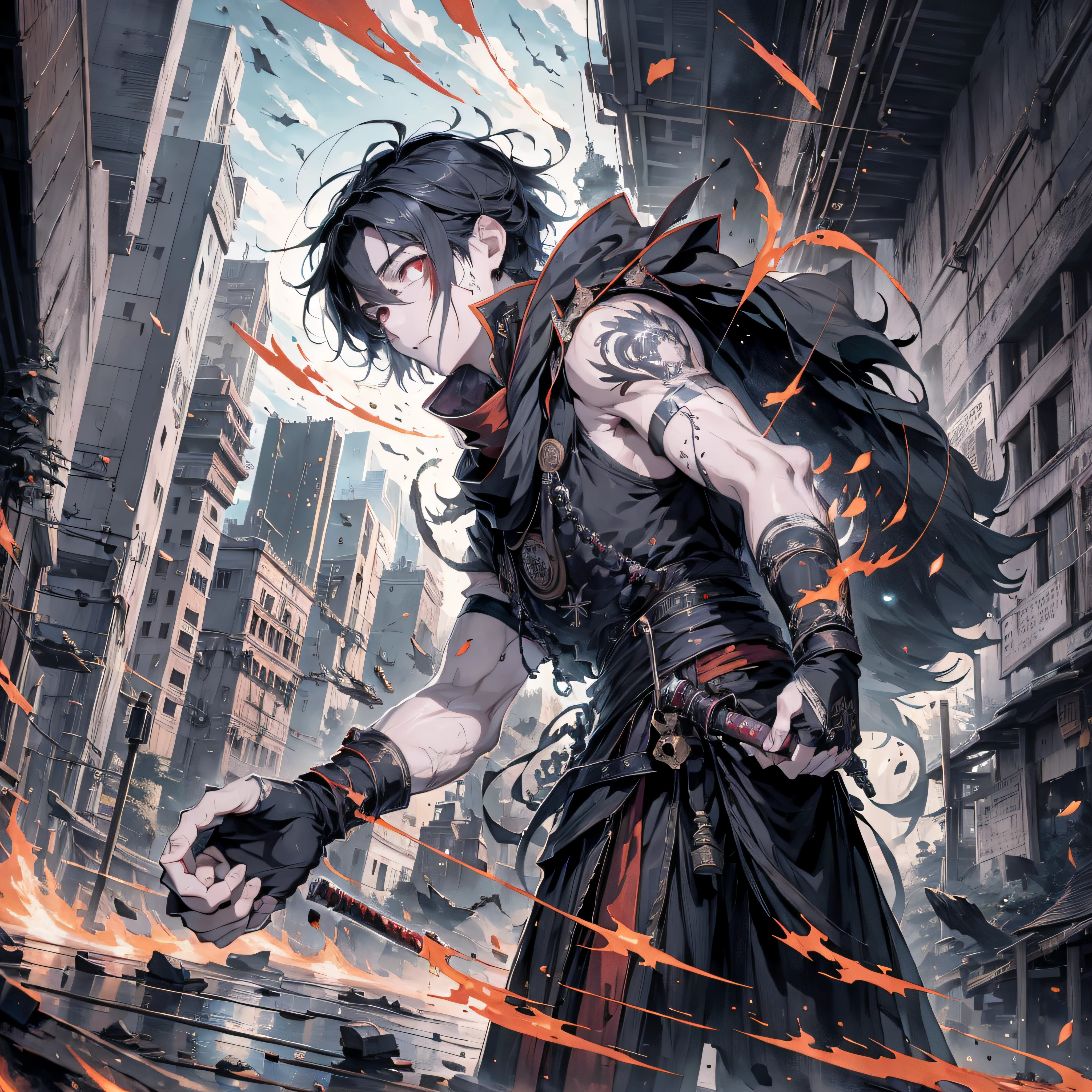 (hoang lap,A high resolution,ultra - detailed), tmasterpiece, best qualtiy, 独奏, A boy with white head and black hair, ((Red sleeveless clothing)), Black scarf, Carry a sword, Tattooed with, from below, looking down below, Ruined city, background inside dark,