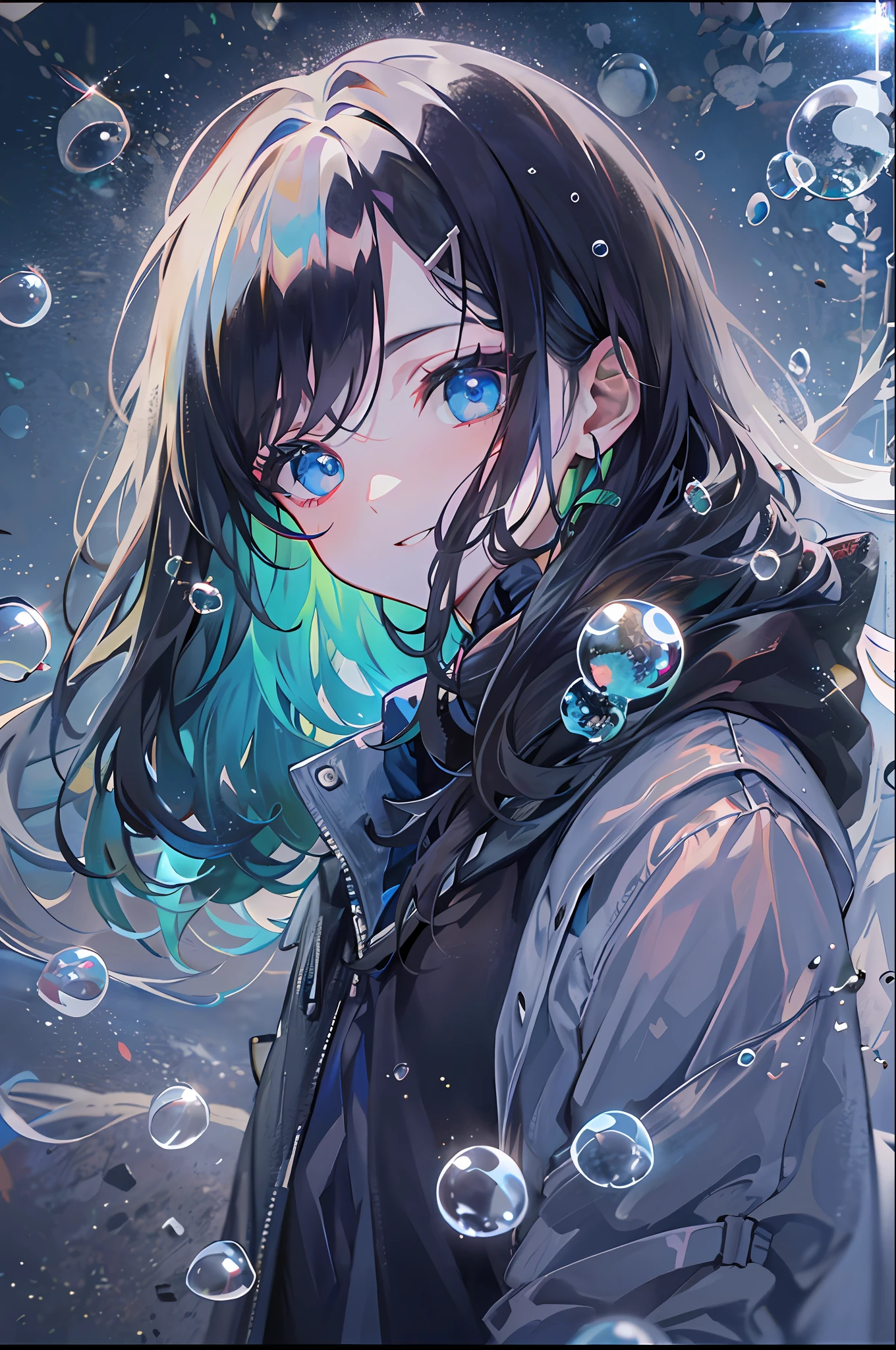 ((top-quality)), ((masterpiece)), ((ultra-detailliert)), (extremely delicate and beautiful), girl with, 独奏, cold attitude,((Black jacket)),She is very(relax)with the(Settled down)Looks,A dark-haired, depth of fields,evil smile,Bubble, under the water, Air bubble,bright light blue eyes,Inner color with black hair and light blue tips,Cold background,Bob Hair