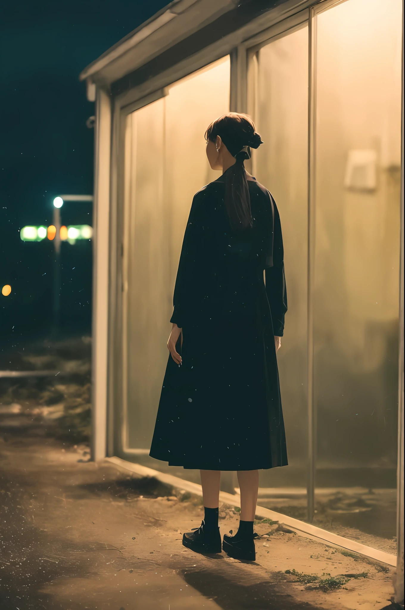 a girl standing alone in front of an old, shabby, unlit transit station in a deserted countryside on a dark night, film grain, depth of field, analog film style, vivid color, 1girl, slender body, full body, beautiful eyes, beautiful symmetrical face, ponytail, bangs, blouse, skirt, fog, (night, dark, dark photo, grainy, dimly lit:1.3), (masterpiece:1.2), best quality, high quality, (realistic), (absurdres:1.2), UHD, ultrarealistic, noise