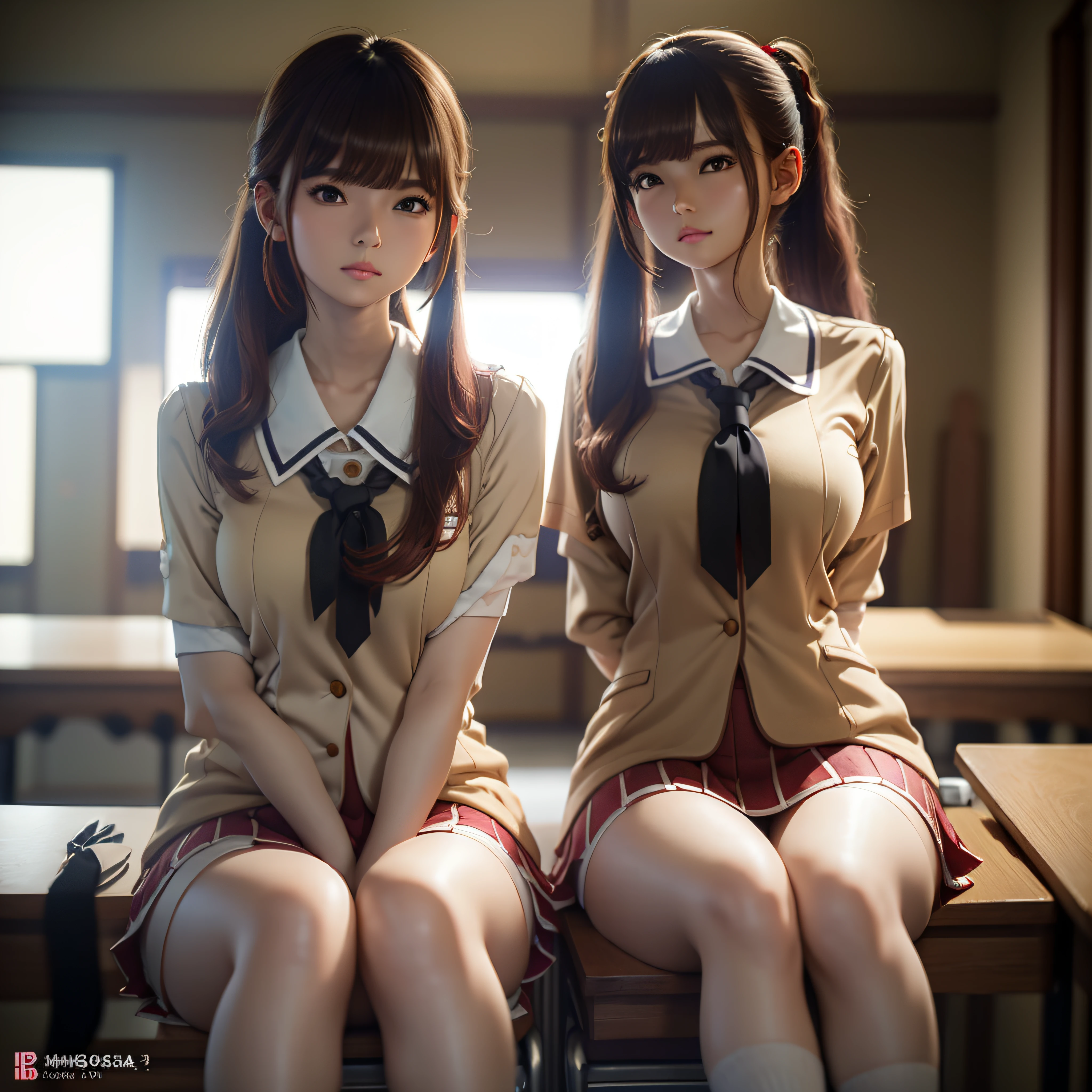 Beautuful Women，Campus uniforms，at class room，Face the camera with your legs open，very realistic，realistic illumination，Top quality，Korean idol，gidle，akb48，8k，​masterpiece，Slim abs，Long dark red hair，High ponytail，Place your arms behind your head，Clothes open，Black erotic underwear，Camel toes，Deep shadows，Great light and shadow，Clear focus，Real Human，hightquality，超高分辨率，Kana Momonogi，Narrow and long face，Bigboobs --auto