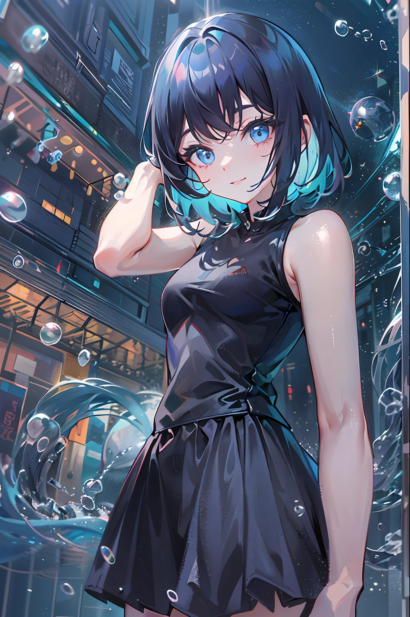 ((top-quality)), ((masterpiece)), ((ultra-detailliert)), (extremely delicate and beautiful), girl with, 独奏, cold attitude,((Black jacket)),She is very(relax)with the(Settled down)Looks,A dark-haired, depth of fields,evil smile,Bubble, under the water, Air bubble,bright light blue eyes,Inner color with black hair and light blue tips,Cold background,Bob Hair,a miniskirt,tight skirts