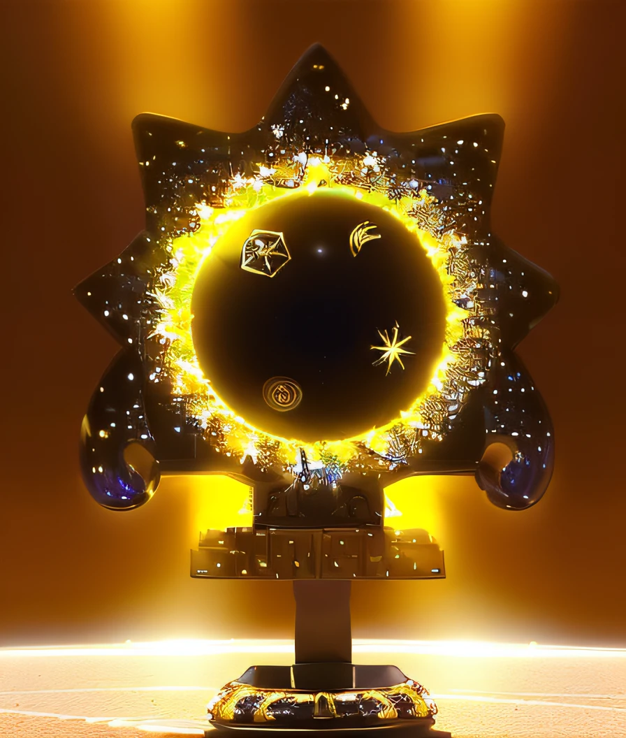 um close up de um brinquedo com um fundo amarelo e uma estrela, cosmic bjork, Sol do buraco negro, brinquedo designer de vinil, Enorme sol amarelo brilhante, moonray render, estatueta de brinquedo de vinil, sol do buraco negro, lua negra gaint, galactic deity, Arte Promocional, enorme sol amarelo gigantesco, sol preto, Sol amarelo com eclipse roxo, art toys collectible figurine