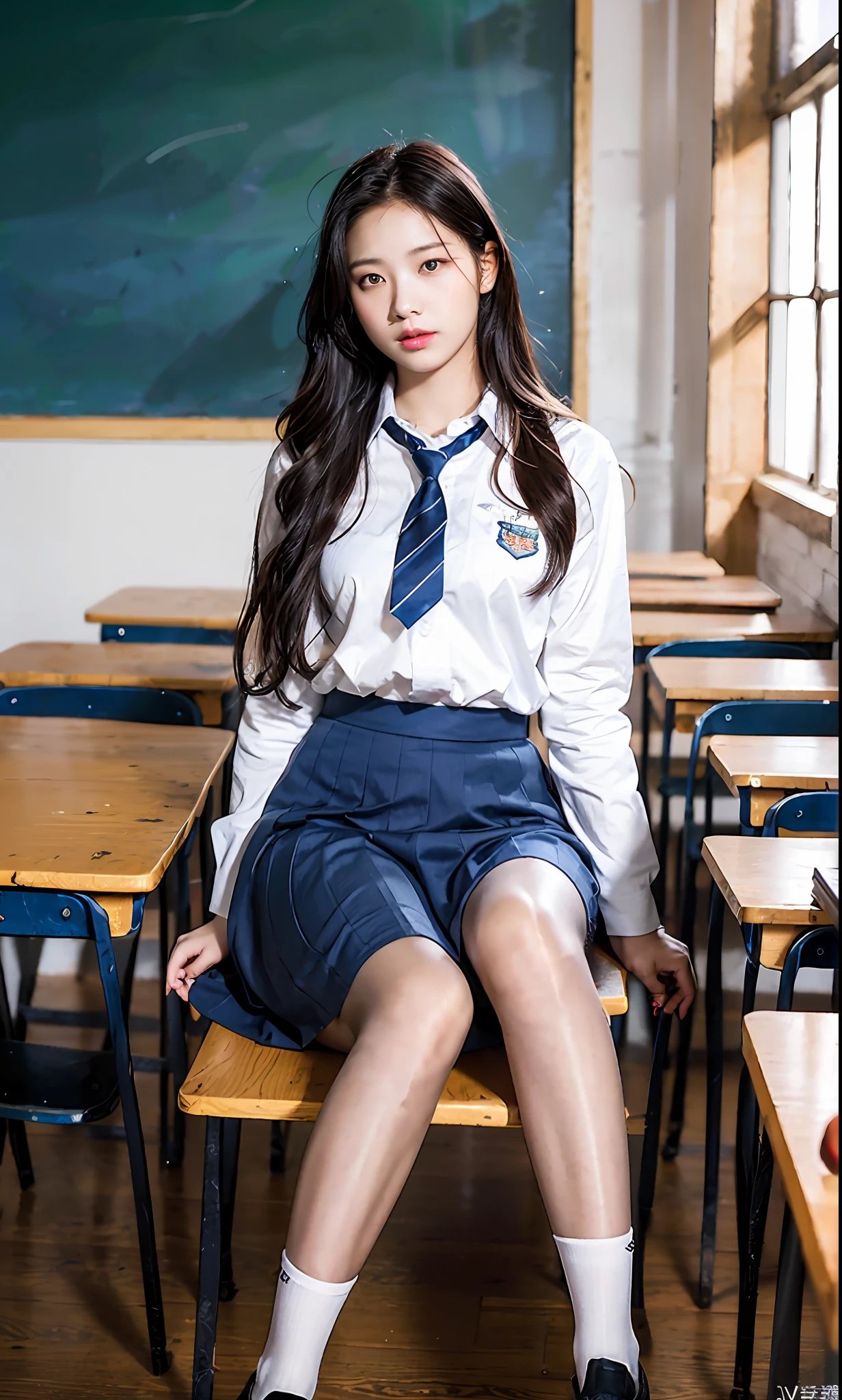 ulzzang-6500-v1.1, (raw photo:1.2), (photorealistic:1.4), beautiful detailed girl, very detailed eyes and face, beautiful detailed eyes, absurd, incredibly ridiculous, huge file size, super detailed, high resolution, very detailed, best quality, masterpiece, kemomimi, ((high school uniform)), illustration, very detailed, CG, unified, 8k wallpaper, amazing, fine details, masterpiece, best quality, very detailed CG uniform 8k wallpaper, face light, cinematic lighting, 1girl, 16 years old, (long skirt), (half), (socks)), (sitting in classroom))