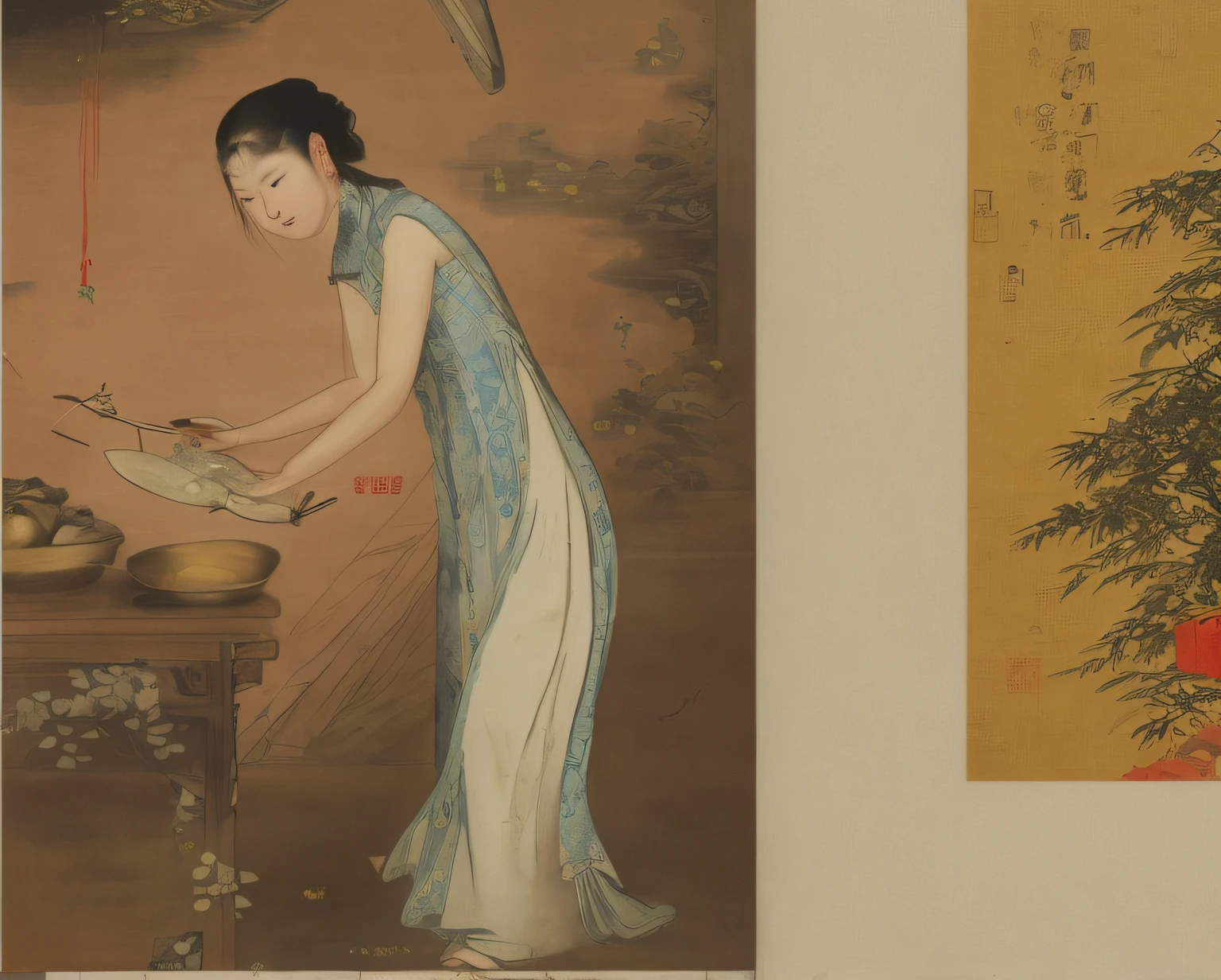 A close-up of a woman cooking, Detailed annotation painting, Wearing ancient Chinese clothes, inspired by Yun-Fei Ji, Inspired by Qiu Ying, inspired by Qian Du, inspired by Gu Kaizhi, qing dynasty painting, old chines painting, Traditional Chinese painting, Old painting style, inspired by Gu An