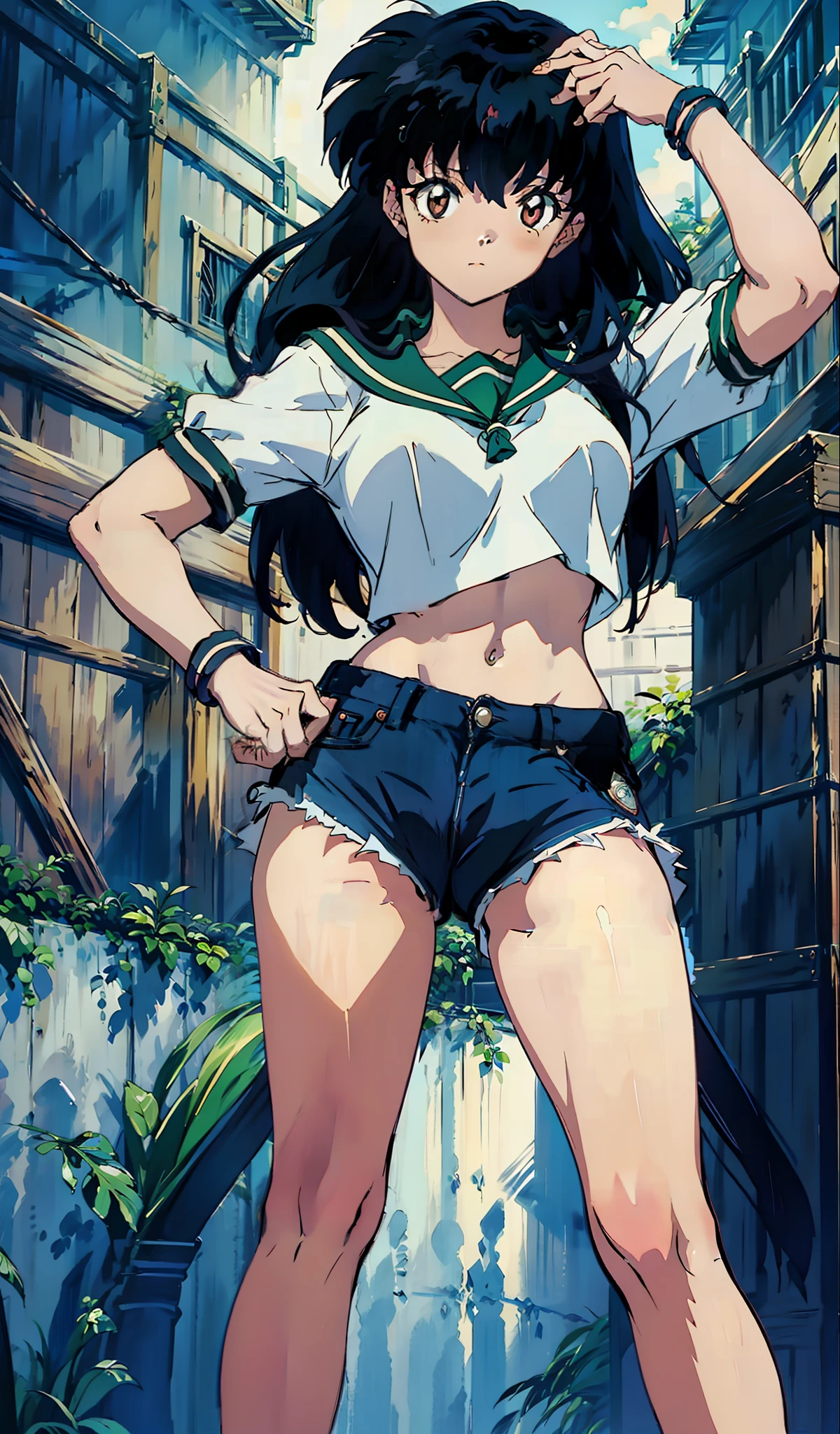 Kagome Higurashi, muito sensual, com roupas de funkeira, brasileira, na cidade do rio de janeiro, Brasil, dancing funk, rebolando, bunda grande, pernas grossas, usando um short jeans extremamente curto, showing a piece of ass, Micro Short Curto, usando uma mini blusa, umbigo com pirsing, sneakers Nike, cabelo comprido, Speaker behind, corpo inteiro, muito realista, extremamente Realista, extremamente sexy, 8k, 8k extremamente detalhado), (um extremamente delicado e bonito), (obra-prima), (melhor qualidade: 1.0), (ultra highres:1.0)