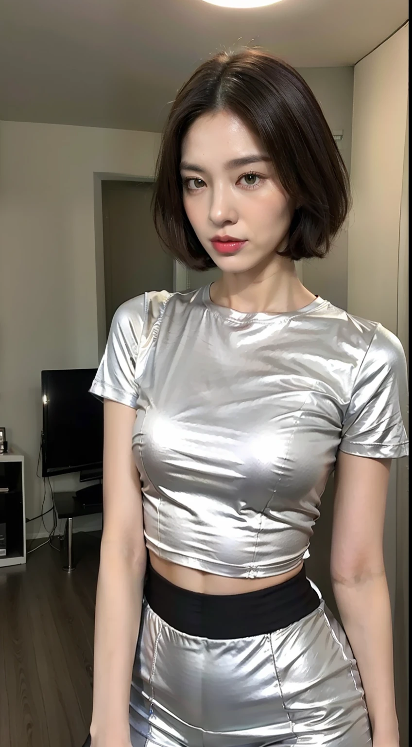 ((top-quality)), long legged, foco nítido:1.2, Beautiful woman with perfect body shape:1.4, Slender Abs:1.1, ((dark brown short hair、Colossal tits:1.2)), (Shiny Silver Tight T-Shirt, The sheen、Standing Black Spats:1.2), Detailed face and skin texture, A detailed eye,a room