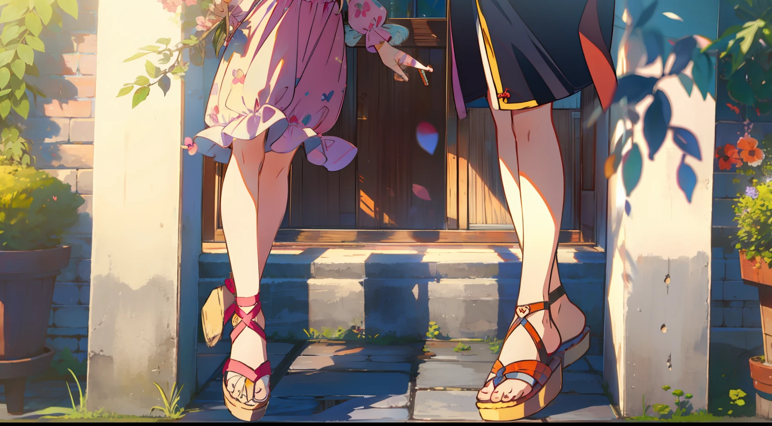 One girl、low twintails、double tooth、laugh、cute little、​masterpiece、Top image quality、top-quality、Summer dress、Cute sandals、walk、Fluttering hair、