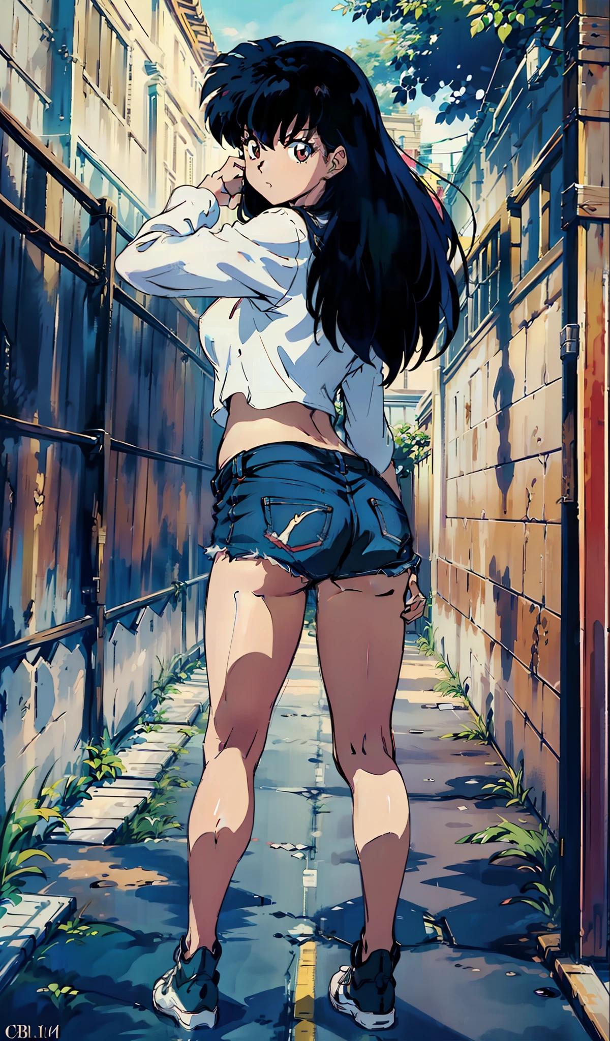 Kagome Higurashi, muito sensual, com roupas de funkeira, brasileira, na cidade do rio de janeiro, Brasil, dancing funk, rebolando, bunda grande, pernas grossas, usando um short jeans extremamente curto, showing a piece of ass, Micro Short Curto,  usando uma mini blusa, umbigo com pirsing, sneakers Nike, cabelo comprido, Speaker behind, corpo inteiro, muito realista, extremamente Realista, extremamente sexy, 8k, 8k extremamente detalhado), (um extremamente delicado e bonito), (obra-prima), (melhor qualidade: 1.0), (ultra highres:1.0)