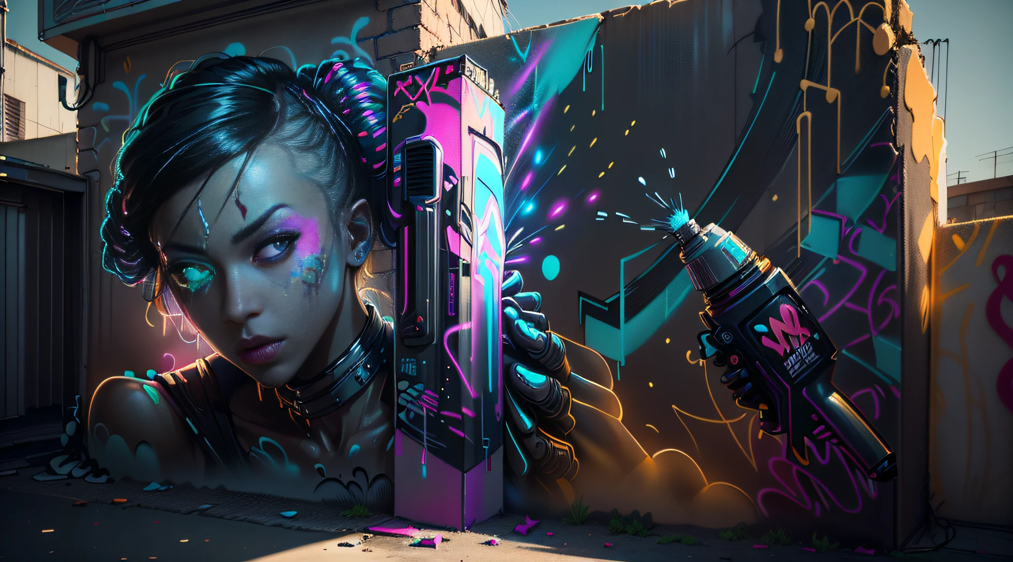 ((Best quality)), ((masterpiece)), (highly detailed:1.3), 3D, (beautiful women,(graffiti artist spray painting wall:1.4),vivid colors,CyberpunkAI,neon,