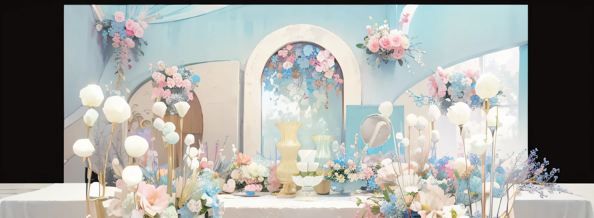 opulent ，Beautiful rendering，hyper HD，Hyper-realistic，，French wedding scene，CG rendering，lavishly decorated，enscape render，，Luxurious crystal ceiling，Wedding，opulent，high qulity，with details，Oil painting feeling，florals，Powder blue color scheme，There are a lot of tables，There were cutlery and flowers on the table