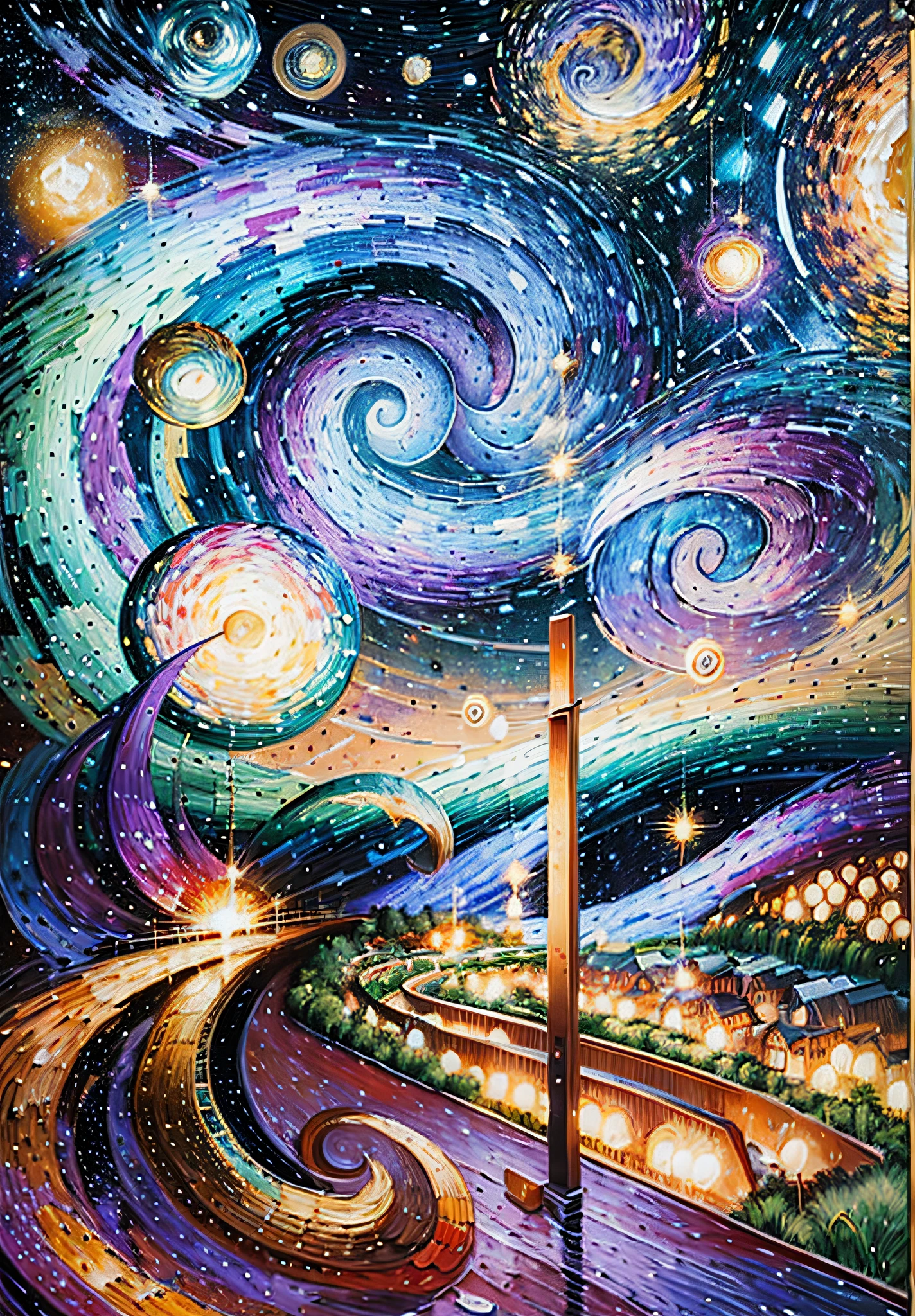 (masterpiece, high-quality), Vincent van Gogh, spiral galaxy, oil painting, remastered, The Starry Night.