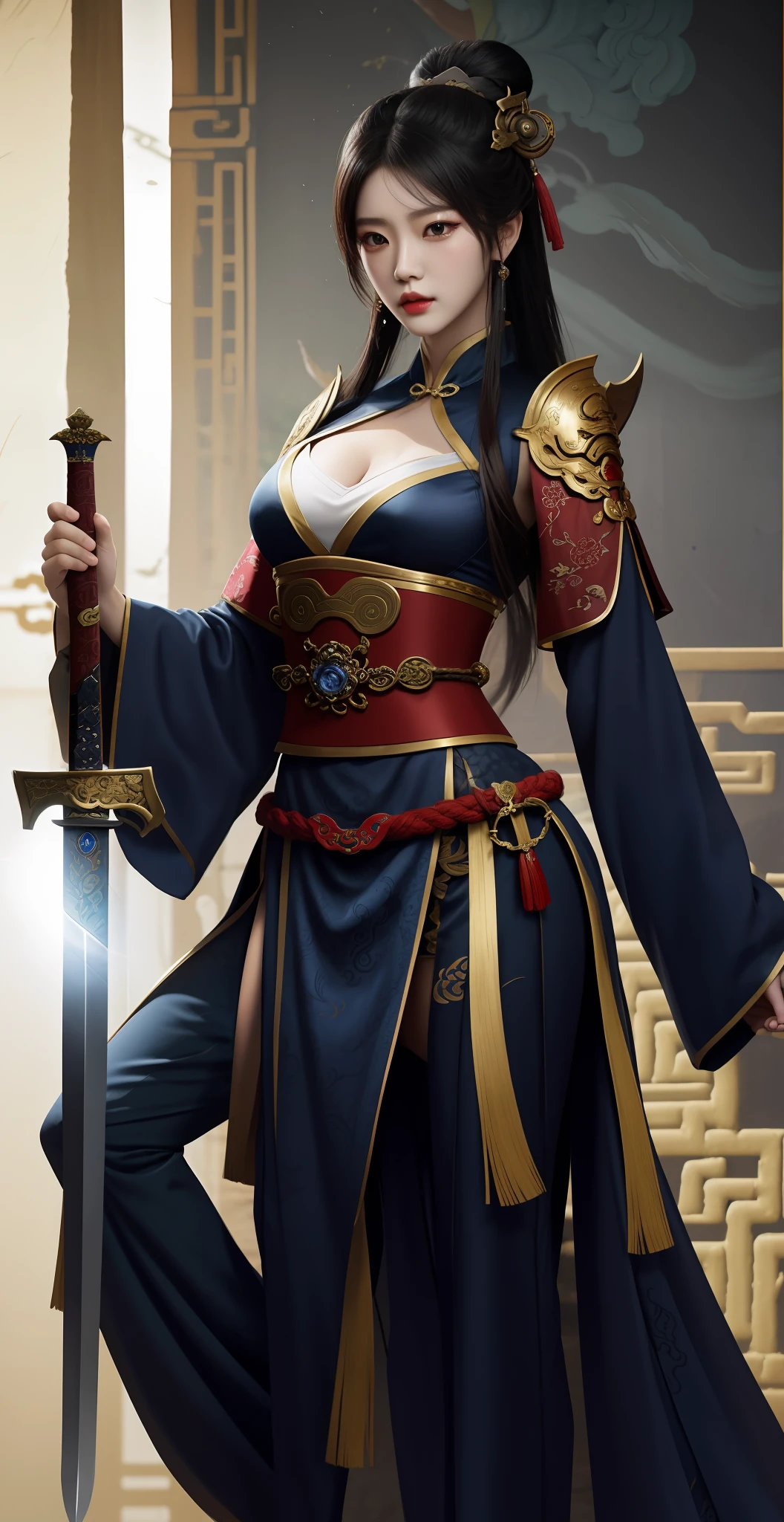 high-definition picture quality,high high quality,Every detail is exquisite,Dressed in red and black,Arad woman with sword, inspired by Park Hua, by Yang J, Incredibly clear details, fiora from league of legends, gilded black uniform, Keqing from Genshin Impact, Gorgeous Role Play, zhongli from genshin impact, inspired by Du Qiong, full-body wuxia, Extremely detailed Artgerm,Fits every production line,Detailed portrayal of facial features,extraordinary costumes,Clothing details, Period costumes, Various textures!Clothing of various textures, Traditional Chinese culture,Sword Saint's meticulous and precise prop details!The costume has a more elaborate and cumbersome ancient element!Adjust the detailed portrayal of the sword in your hand,Detailed drawings of every detail of the exquisite sword,Expose long legs,Sexy figure,Plump breasts,Cocked buttocks,Tempt sentient beings,