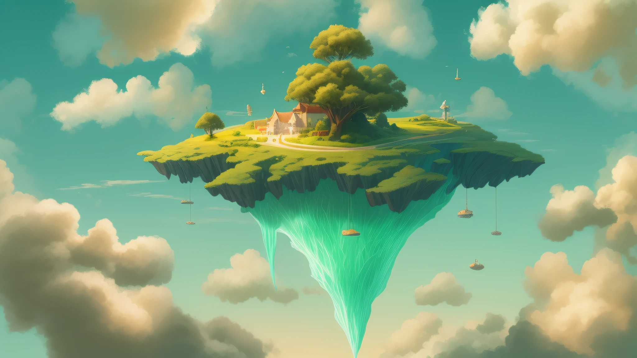 a small island floating in the sky with a tree on top, island floating in the sky, flying island in the sky, floating island in the sky, an island floating in the air, floating and flying island, isometric island in the sky, flying island, floating island, flying islands, floating mountains, floating islands, whimsical fantasy landscape art, surreal concept art
