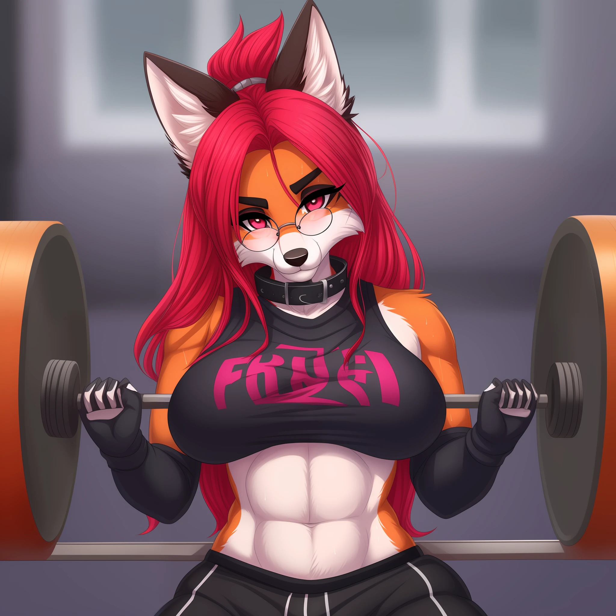 Furry fox, red hair, black colored sleeveless arm sweatshirt and v-collar, red t-shirt under sweatshirt, man, skinny, big thighs, black shorts, brand making a tip in the eyes, black makeup, big topknot with pink tips, big hair with pink tips, red left eye, black right eye, xhadress 2, bulge in pants erect, big_dick, futanari, academy, big boobs, round glasses, sweaty, lifting 100 kilos Easily, Working out
