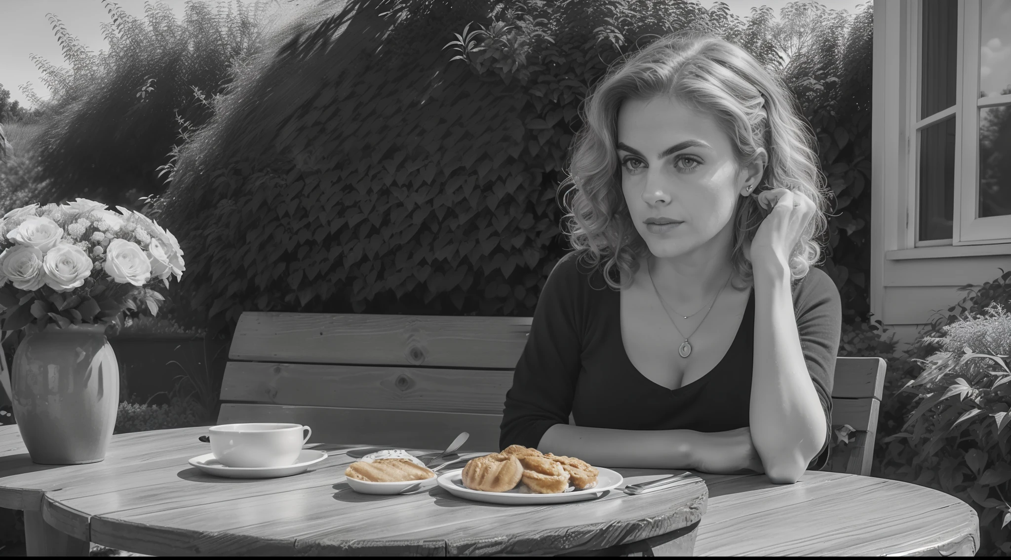 CHARACTER: (01 Canadian woman | striking resemblance to Keri Russel | 44 years old | alone | wearing casual clothes | blonder curly hair | beautiful face | best eyes | penetrative eyes | best mouth | perfect face ) ACTION: (she is having breakfast) PLACE (in the garden | flowers | wooden table) QUALITY: (masterpice | UHD 12K | photo realism | real texture | natural light | dramatic photo | analog) EFFECTS: (monochrome photography | black and white | greyscale | high contrast | film grain | white balances | deep black | equalized exposure | sharp focus ) EQUIPMENT: (Sony Alpha A7R III Mirrorless | Ilford HP5 80mm) P. O.V.: (profile shot | full shot )