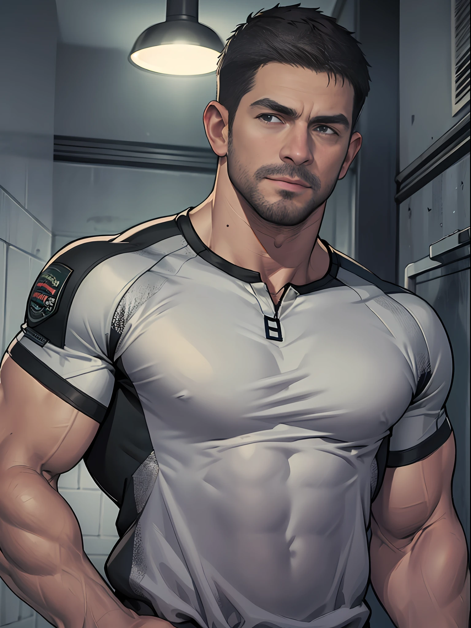 1 man, solo, 35 year old, Chris Redfield, wearing grey T shirt, smirks, black color on the shoulder and a bsaa logo on the shoulder, millitary tactical suit, tall and hunk, biceps, abs, chest, best quality, masterpiece, high resolution:1.2, upper body shot, dark black gloomy hallway in the background, detailed face, shadow, volumetric lighting, upper body shot, low camera angle